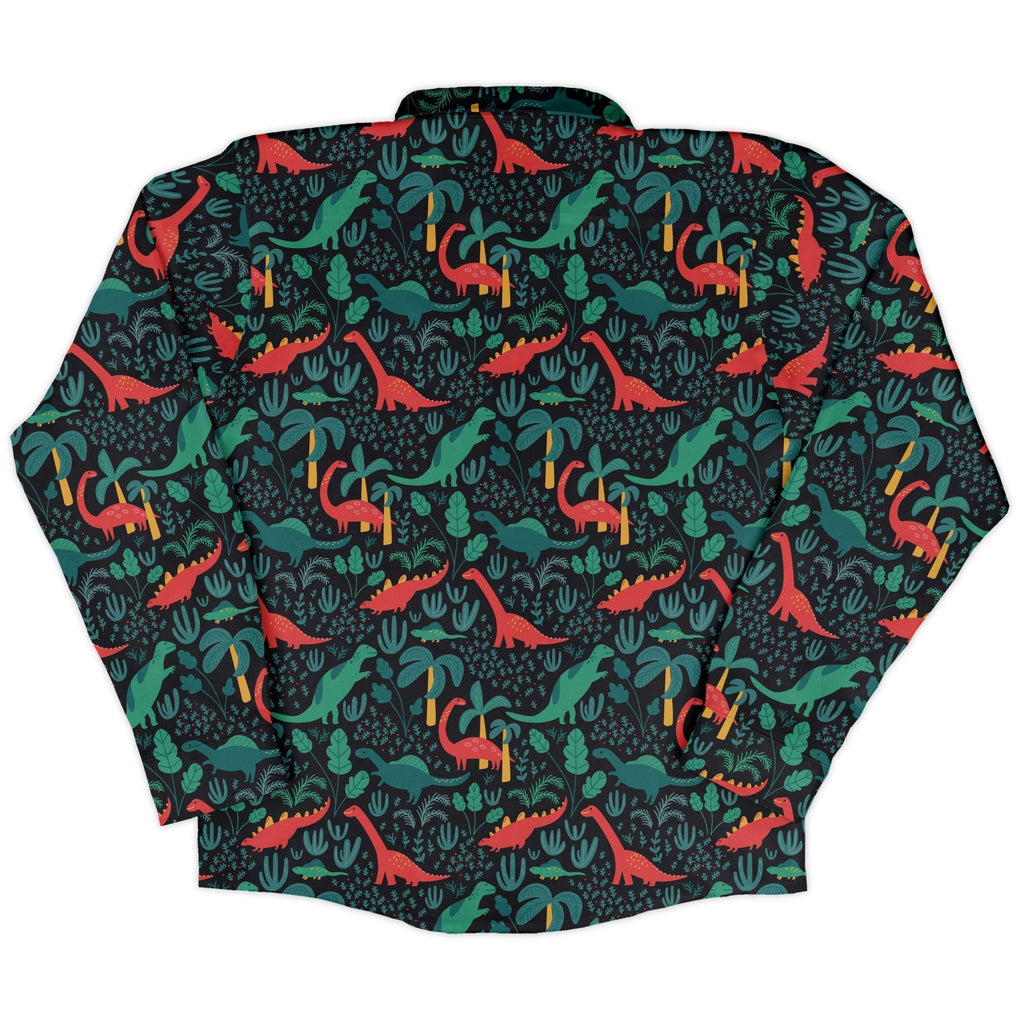 Tropical Dinosaur Green Aloha Long Sleeve Button Up Shirt Geek Nerd adult sizing dinosaur print FLOW DESC WRITING