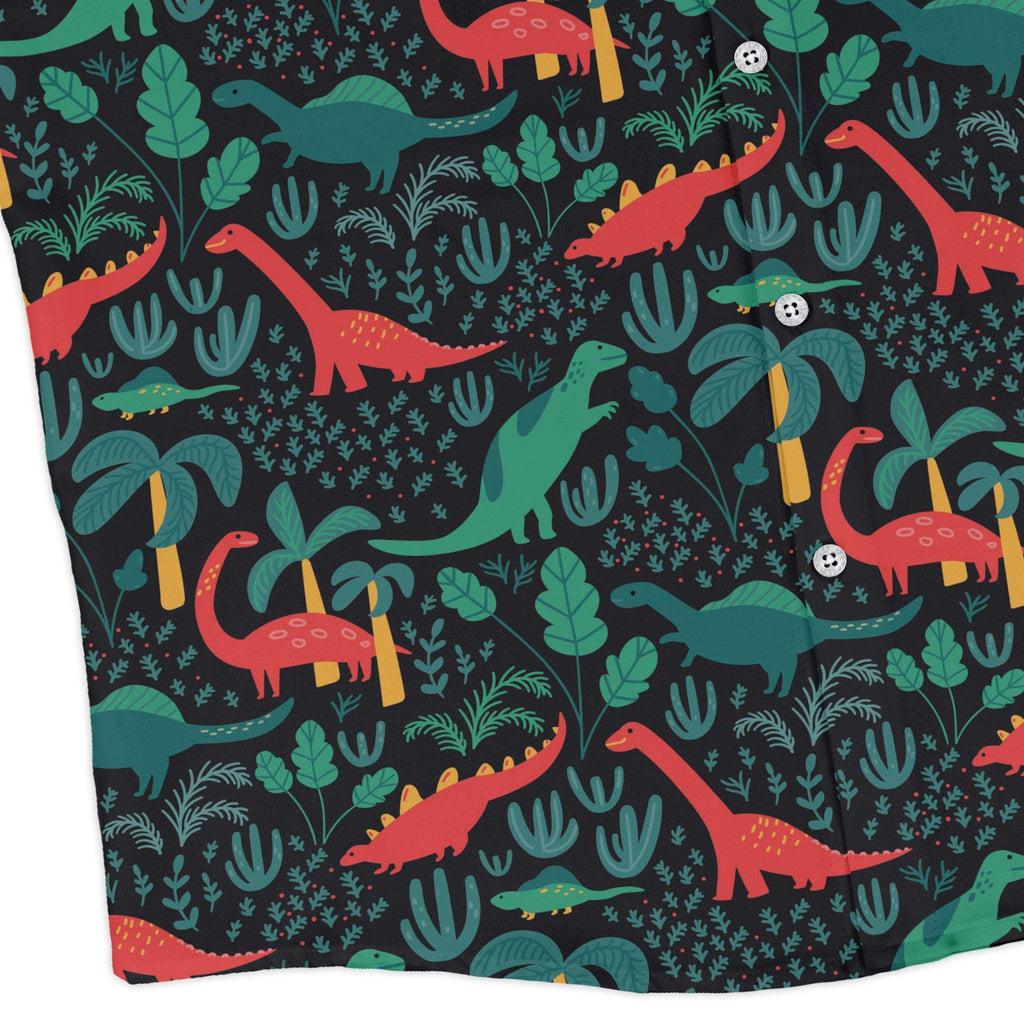 Tropical Dinosaur Green Aloha Long Sleeve Button Up Shirt Geek Nerd adult sizing dinosaur print FLOW DESC WRITING