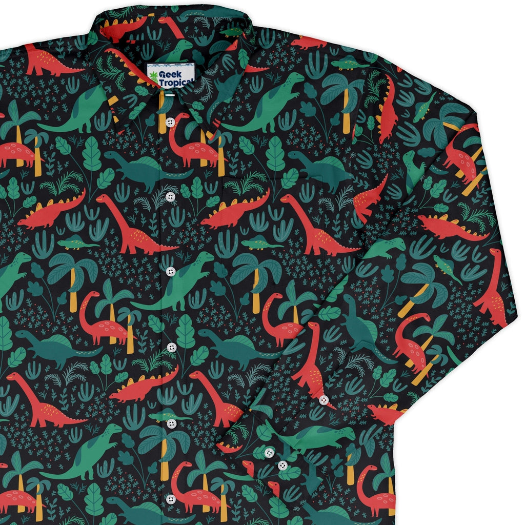 Tropical Dinosaur Green Aloha Long Sleeve Button Up Shirt Geek Nerd adult sizing dinosaur print FLOW DESC WRITING