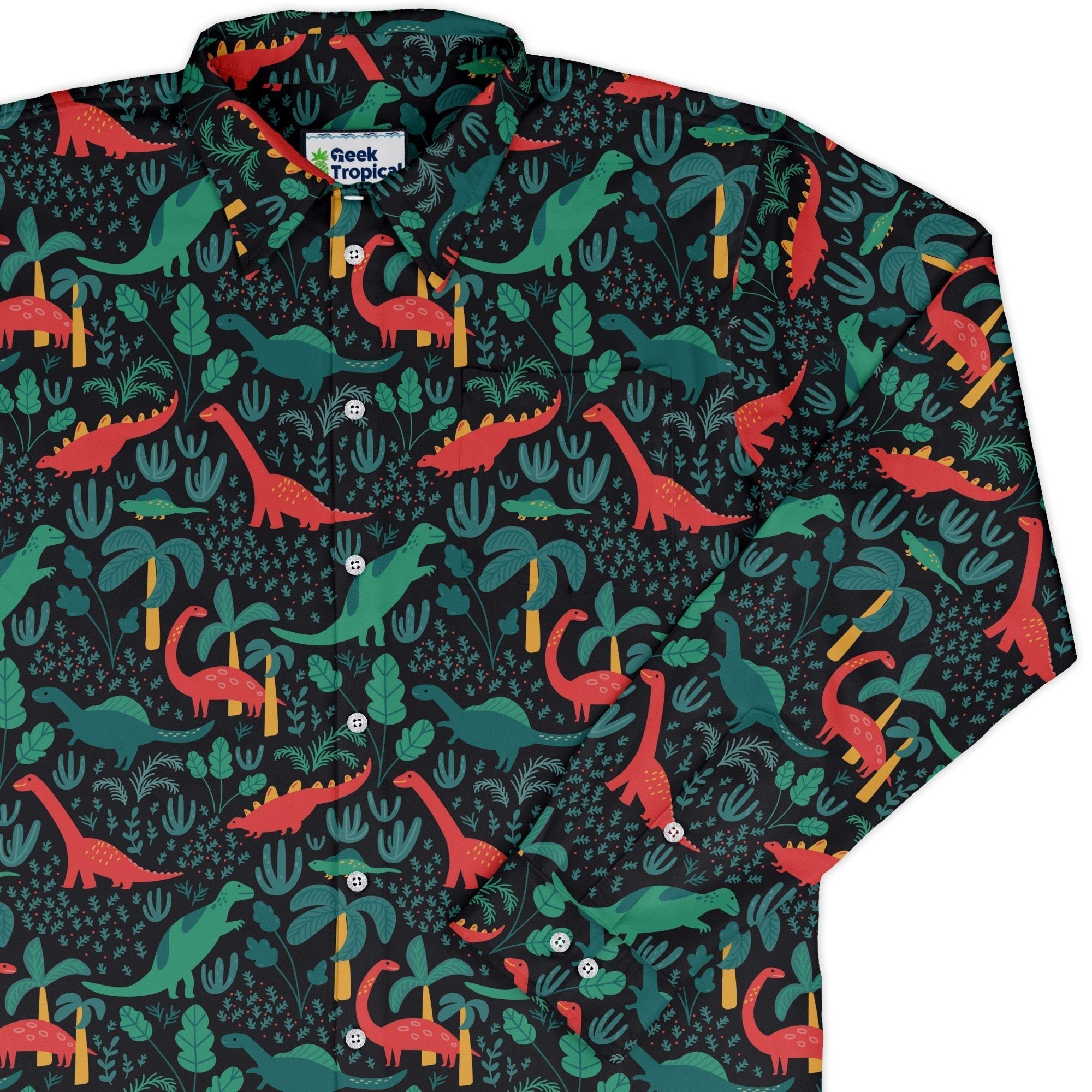 Tropical Dinosaur Green Aloha Long Sleeve Button Up Shirt Geek Nerd adult sizing dinosaur print FLOW DESC WRITING