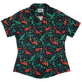 Tropical Dinosaur Green Aloha Curvy Button Up Shirt Geek Nerd dinosaur print Maximalist Patterns Tropical Hawaiian Patterns