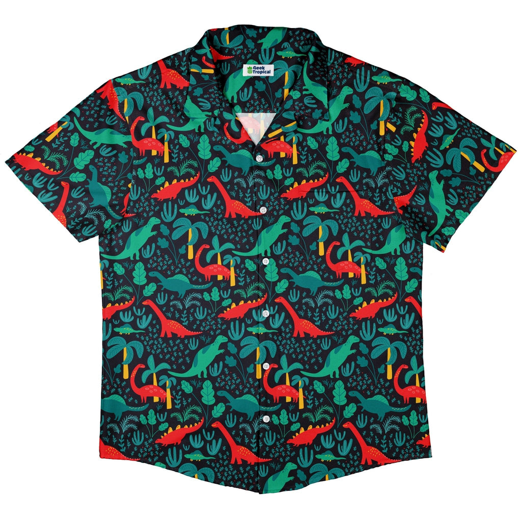 Tropical Dinosaur Green Aloha Button Up Shirt - adult sizing - dinosaur print - Maximalist Patterns