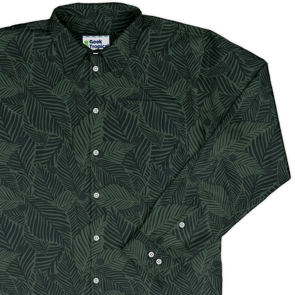 Tropical Dnd Dice Long Sleeve Button Up Shirt Geek Nerd adult sizing Design by Dunking Toast dnd & rpg print