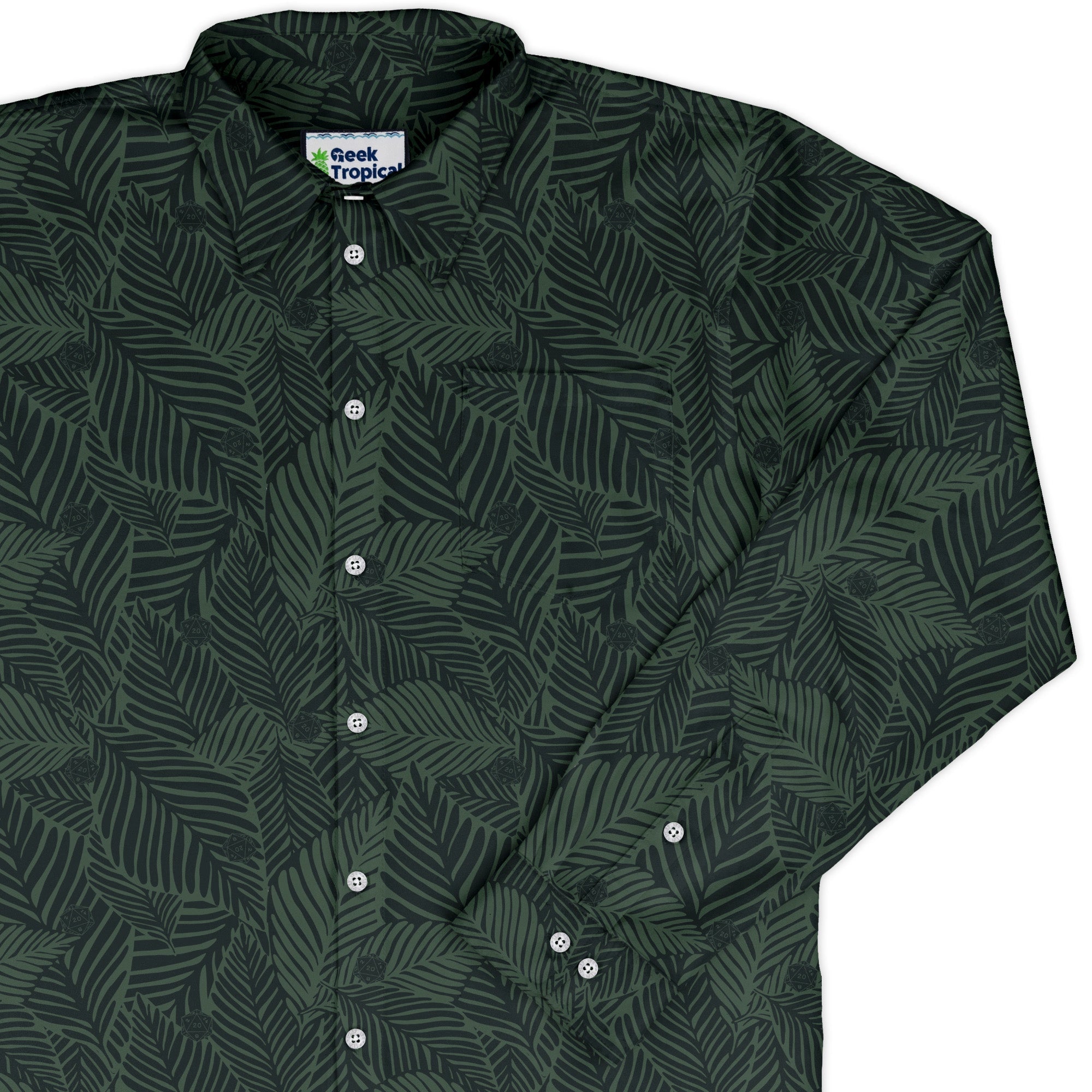 Tropical Dnd Dice Long Sleeve Button Up Shirt Geek Nerd adult sizing Design by Dunking Toast dnd & rpg print