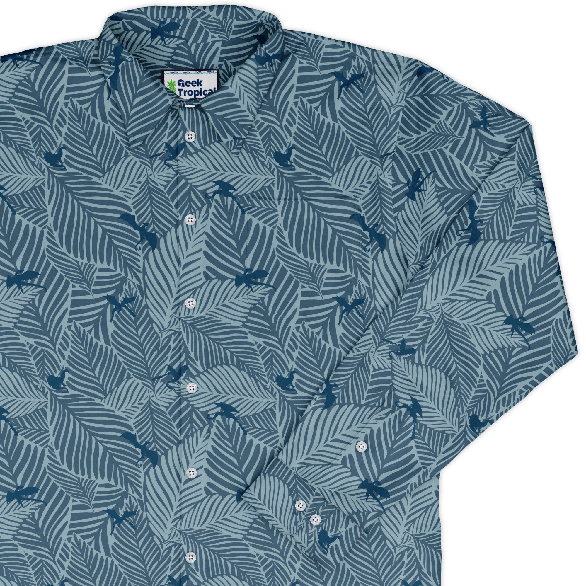 Tropical Dragons Long Sleeve Button Up Shirt Geek Nerd adult sizing Design by Dunking Toast dnd & rpg print