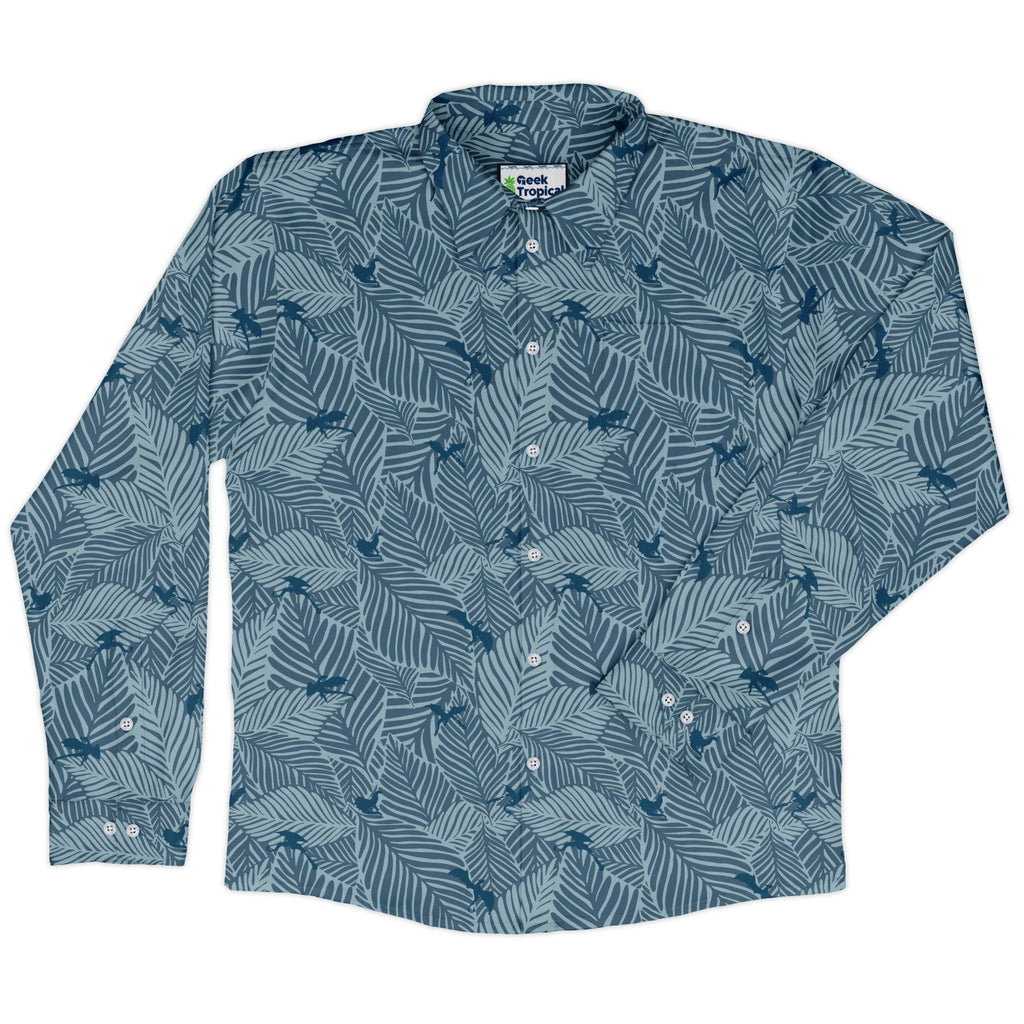Tropical Dragons Long Sleeve Button Up Shirt Geek Nerd adult sizing Design by Dunking Toast dnd & rpg print