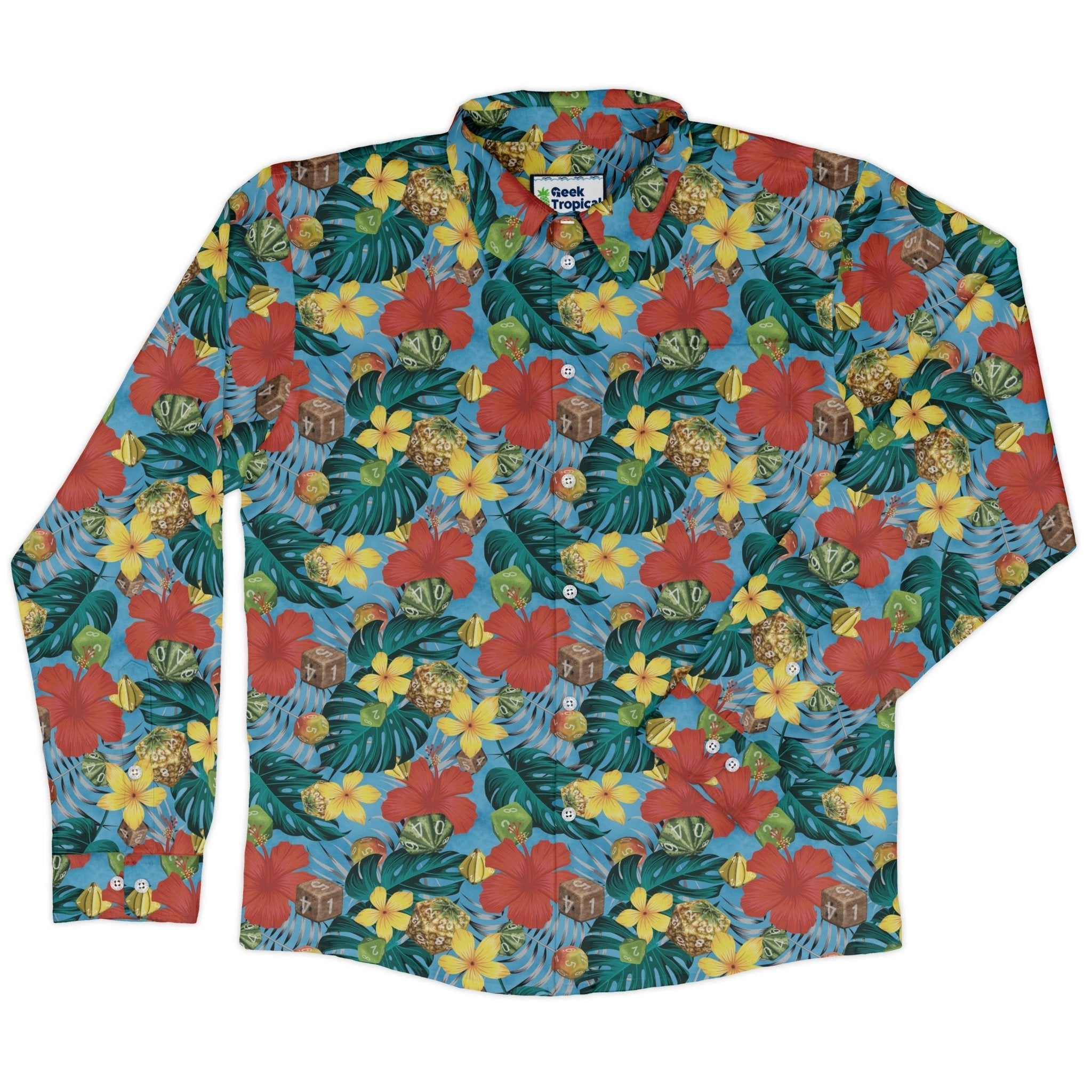 Tropical Fruit Dice Dnd Long Sleeve Button Up Shirt Geek Nerd adult sizing Designs by Nathan dnd & rpg print
