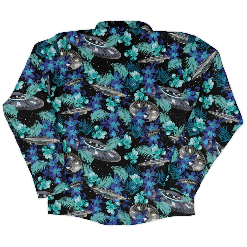 Tropical UFO Space Long Sleeve Button Up Shirt Geek Nerd adult sizing Design by Random Galaxy FLOW DESC WRITING