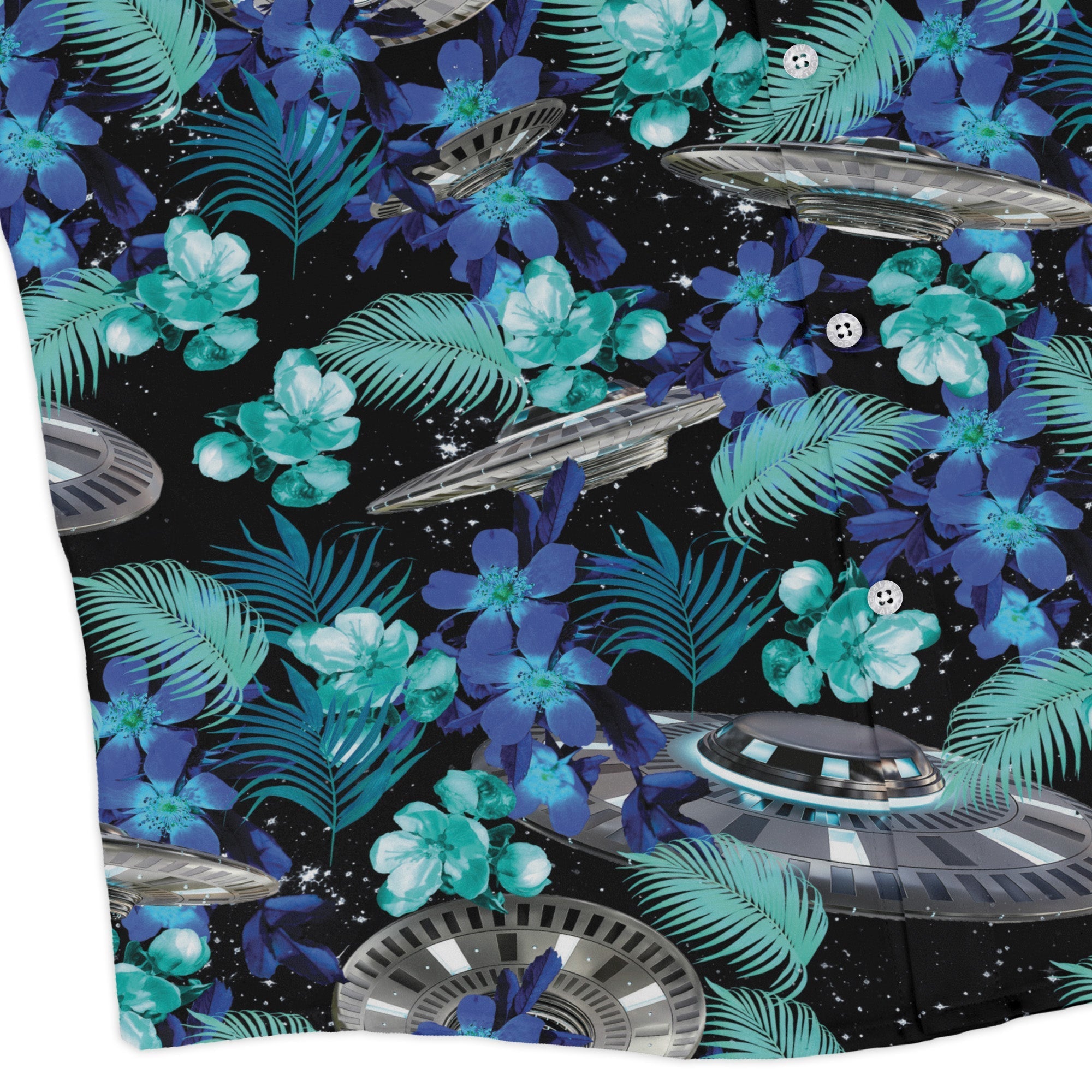 Tropical UFO Space Long Sleeve Button Up Shirt Geek Nerd adult sizing Design by Random Galaxy FLOW DESC WRITING