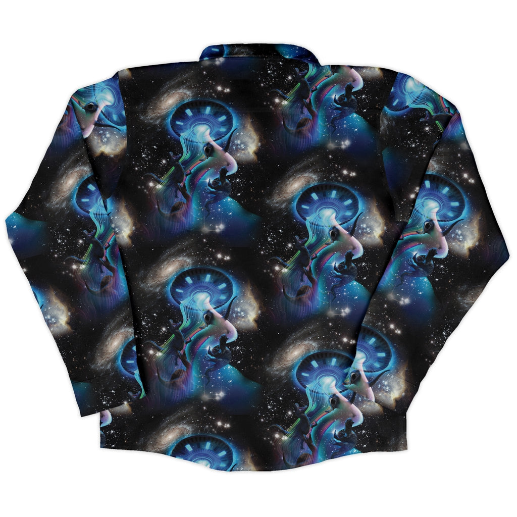 UFO Abduction of Dinosaurs Long Sleeve Button Up Shirt Geek Nerd adult sizing Design by Random Galaxy FLOW DESC WRITING