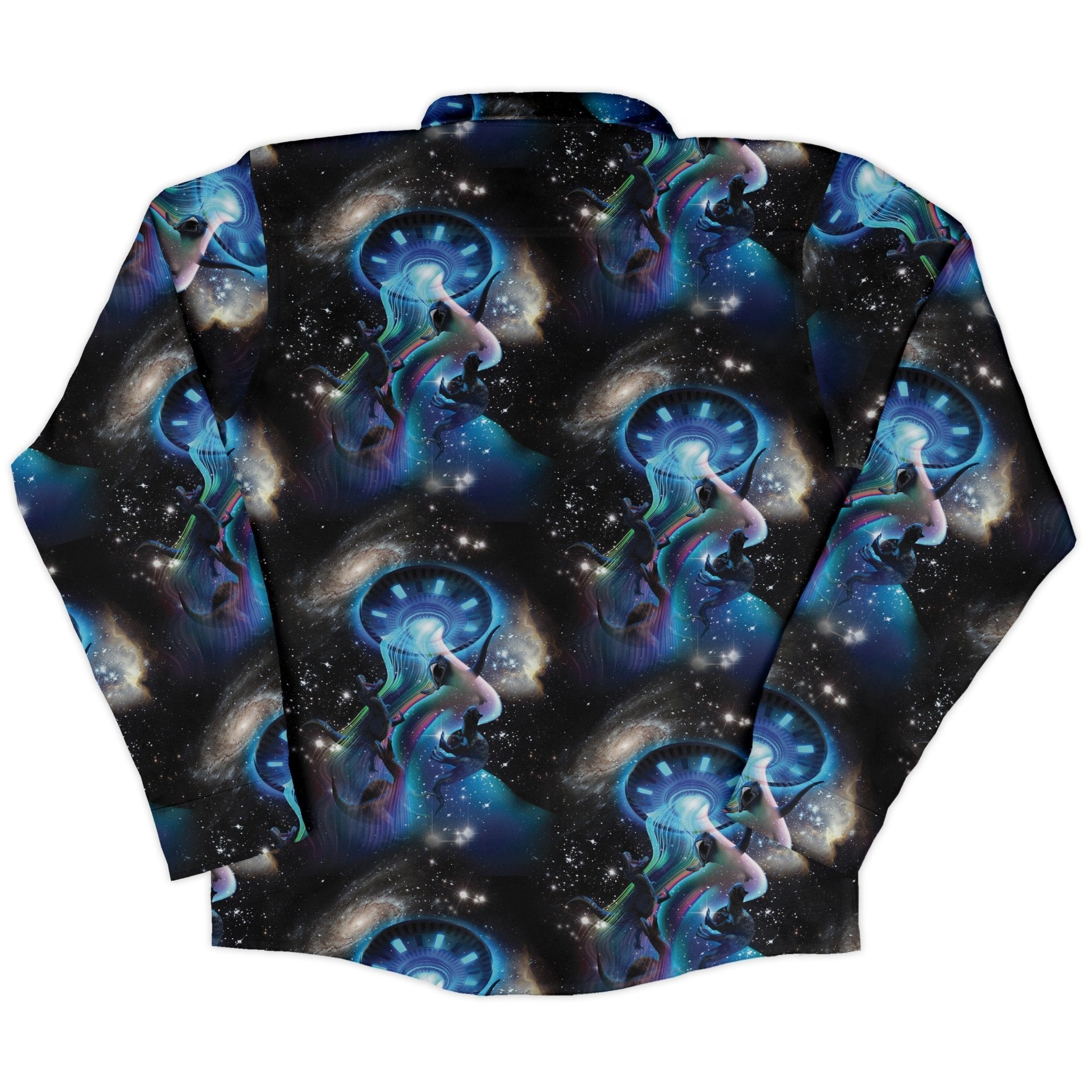 UFO Abduction of Dinosaurs Long Sleeve Button Up Shirt Geek Nerd adult sizing Design by Random Galaxy FLOW DESC WRITING