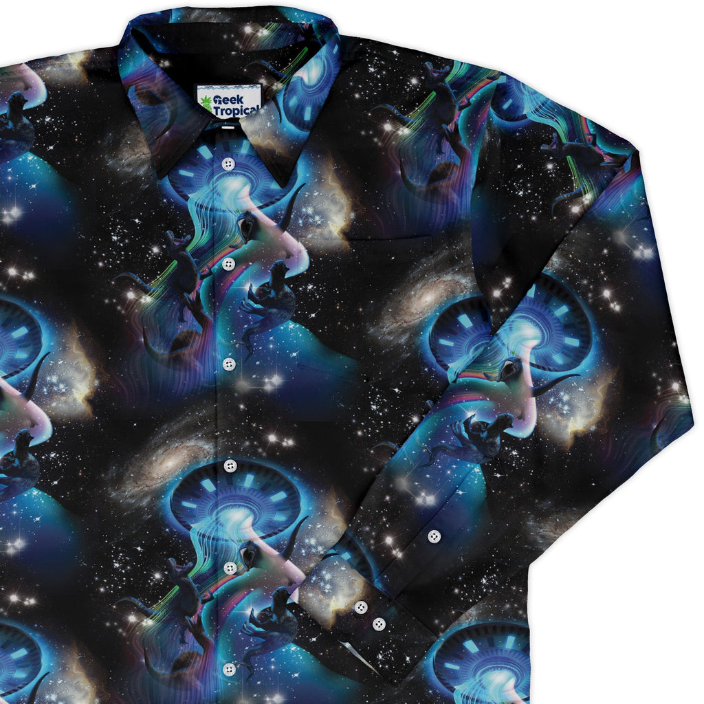 UFO Abduction of Dinosaurs Long Sleeve Button Up Shirt Geek Nerd adult sizing Design by Random Galaxy FLOW DESC WRITING