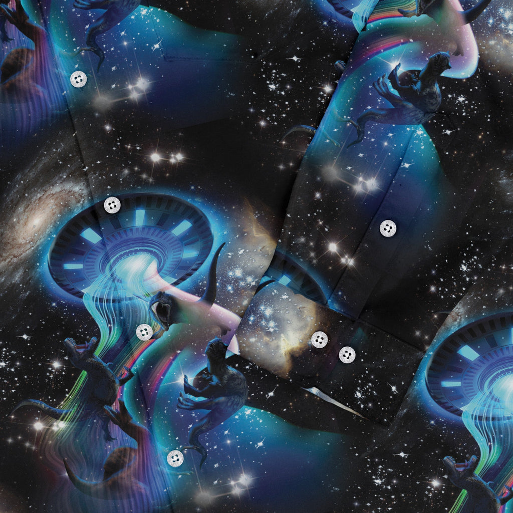 UFO Abduction of Dinosaurs Long Sleeve Button Up Shirt Geek Nerd adult sizing Design by Random Galaxy FLOW DESC WRITING