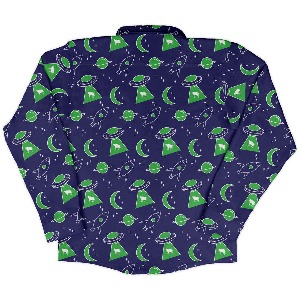 UFO Cow Abduction Long Sleeve Button Up Shirt Geek Nerd adult sizing Animal Patterns Design by Heather Davenport