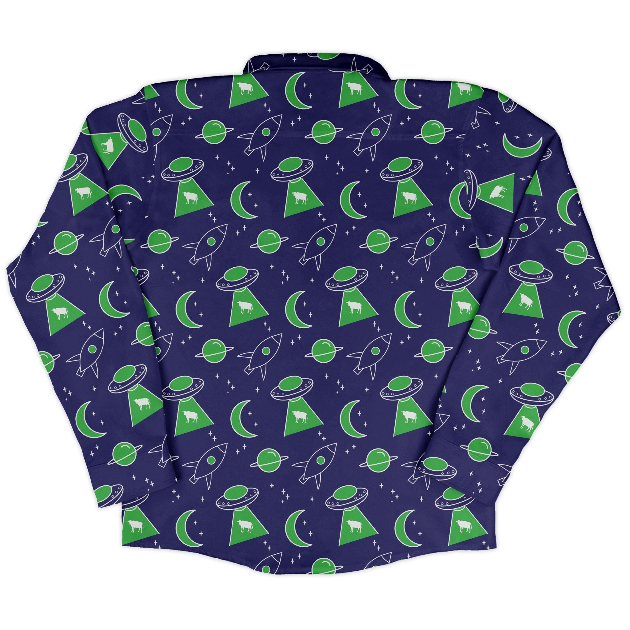 UFO Cow Abduction Long Sleeve Button Up Shirt Geek Nerd adult sizing Animal Patterns Design by Heather Davenport
