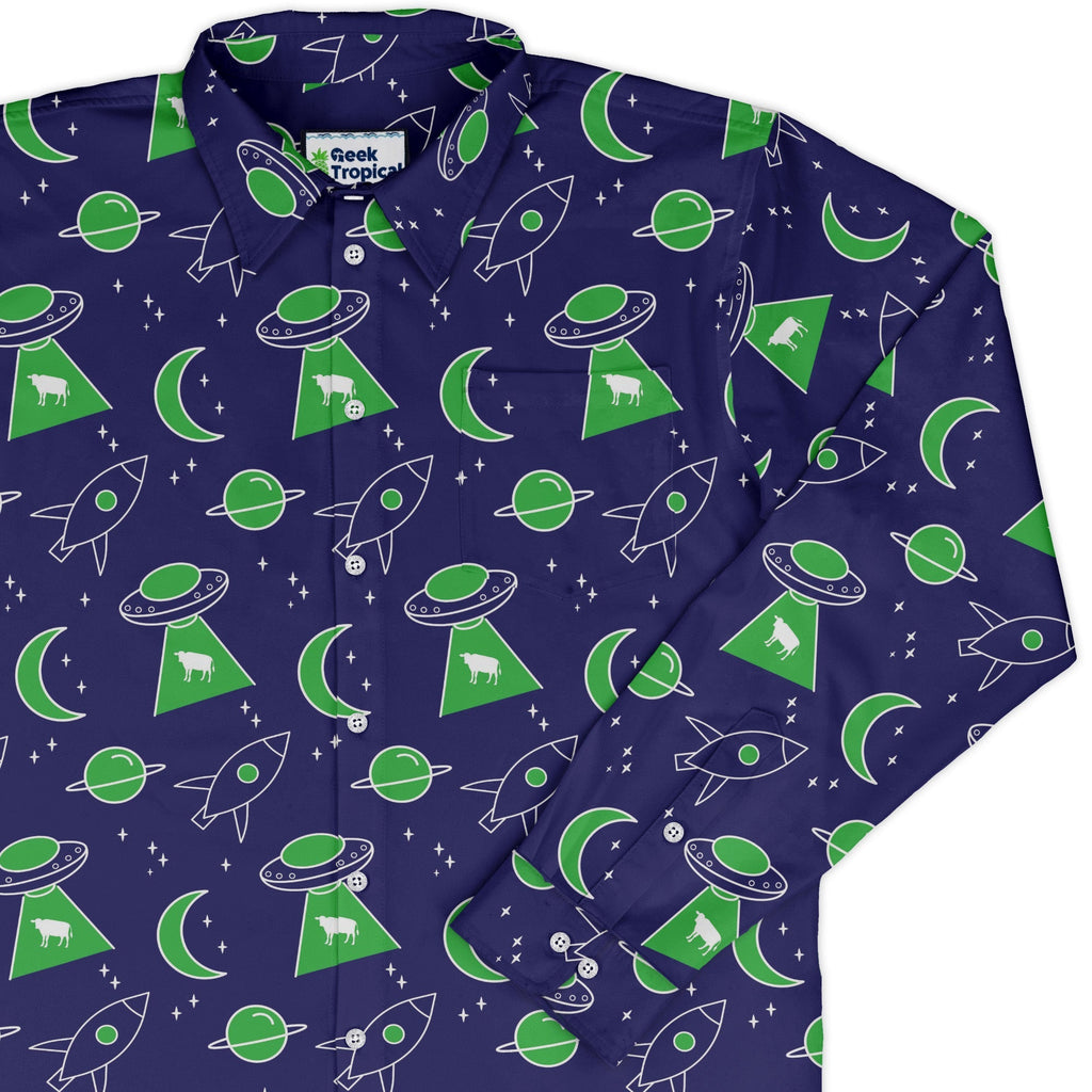 UFO Cow Abduction Long Sleeve Button Up Shirt Geek Nerd adult sizing Animal Patterns Design by Heather Davenport