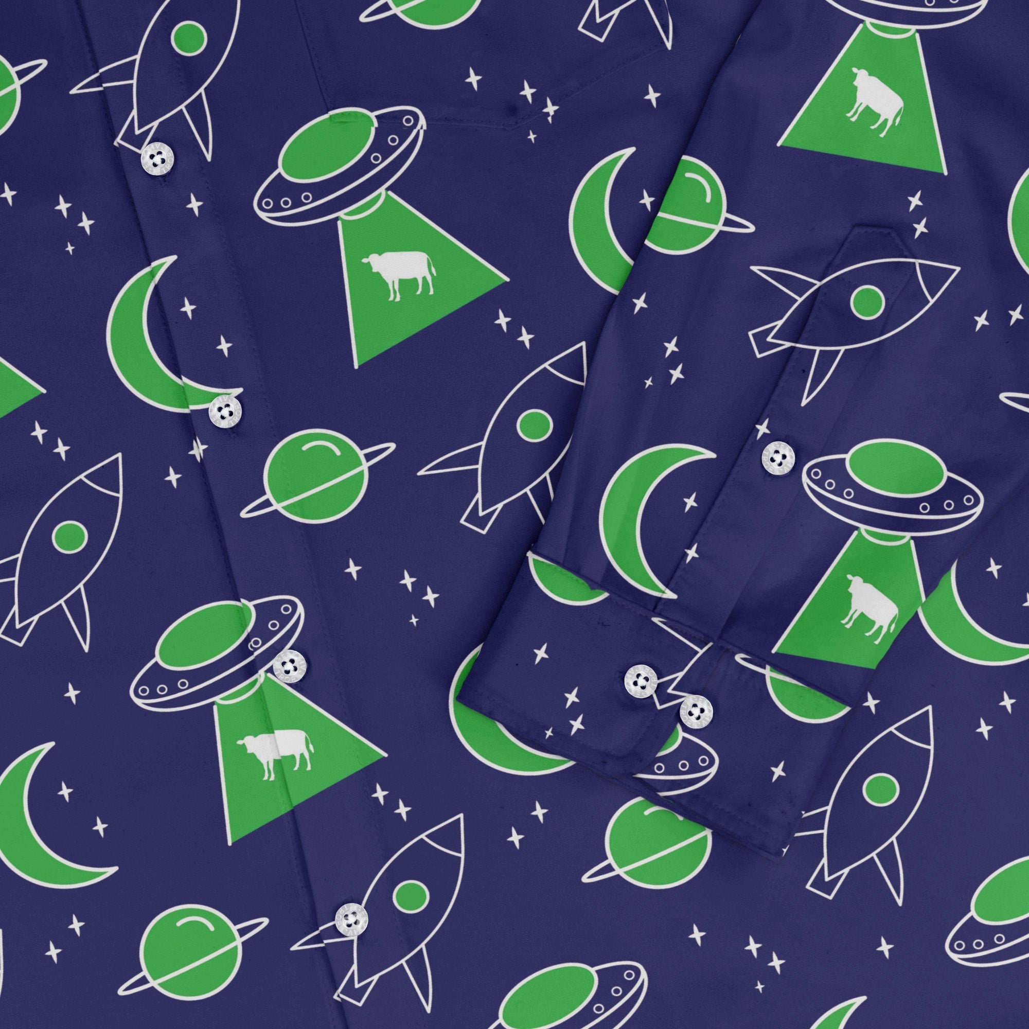 UFO Cow Abduction Long Sleeve Button Up Shirt Geek Nerd adult sizing Animal Patterns Design by Heather Davenport