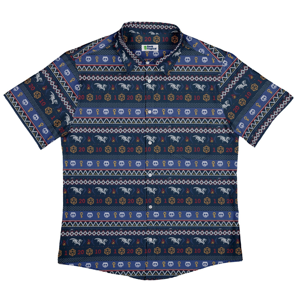 Ugly Christmas Sweater DND Adventure Button Up Shirt Geek Nerd adult sizing Christmas Print Design by Claire Murphy