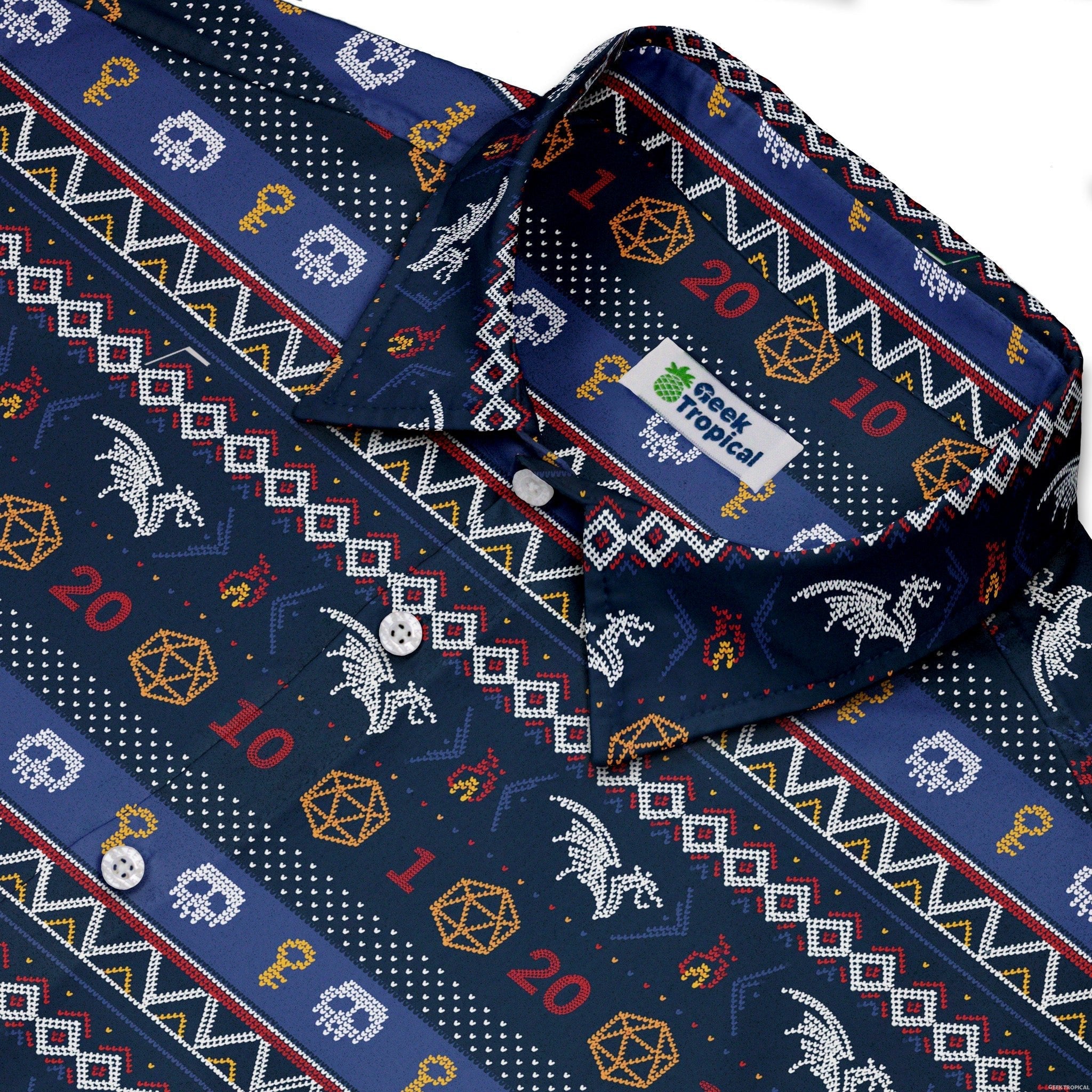 Ugly Christmas Sweater DND Adventure Button Up Shirt Geek Nerd adult sizing Christmas Print Design by Claire Murphy