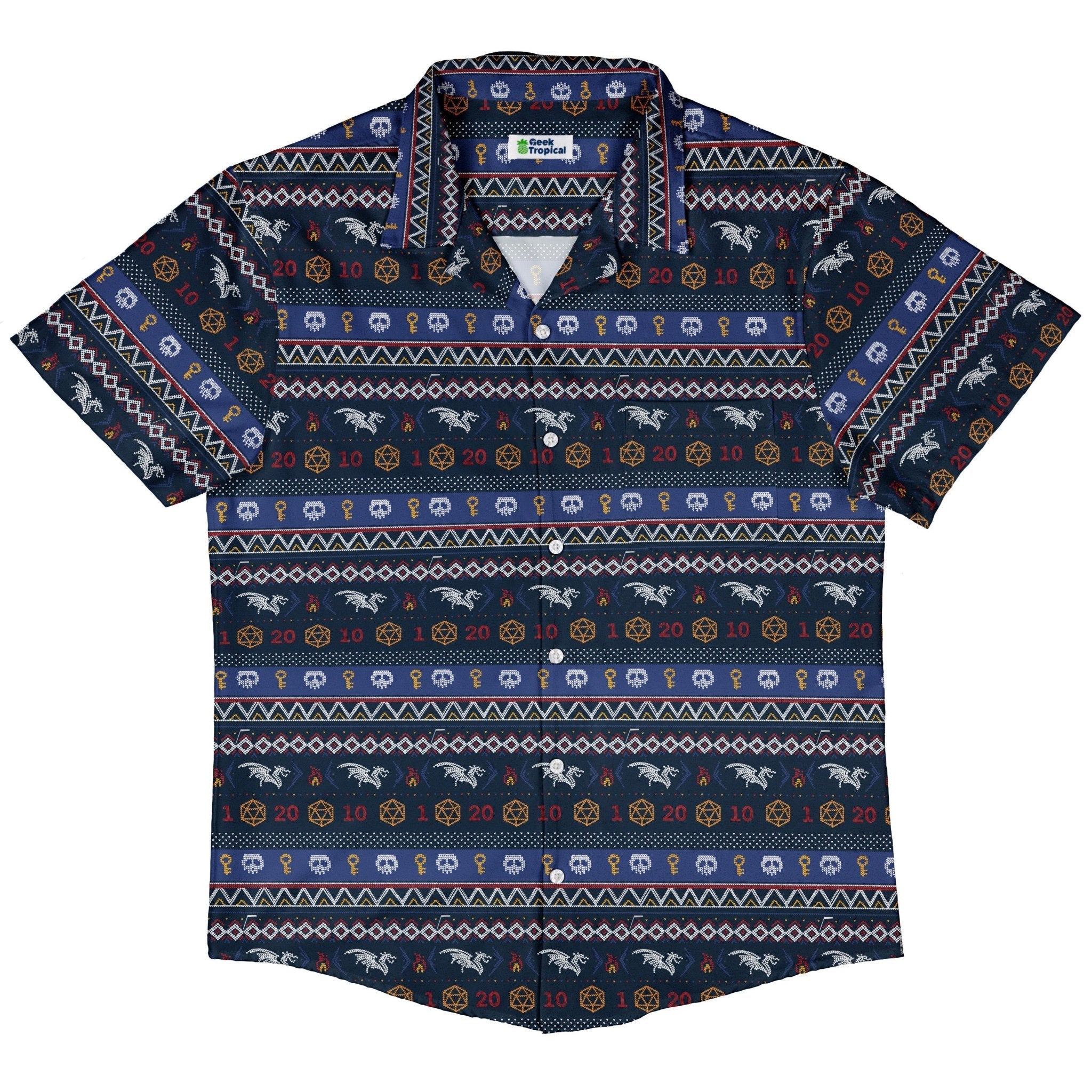 Ugly Christmas Sweater DND Adventure Button Up Shirt Geek Nerd adult sizing Christmas Print Design by Claire Murphy