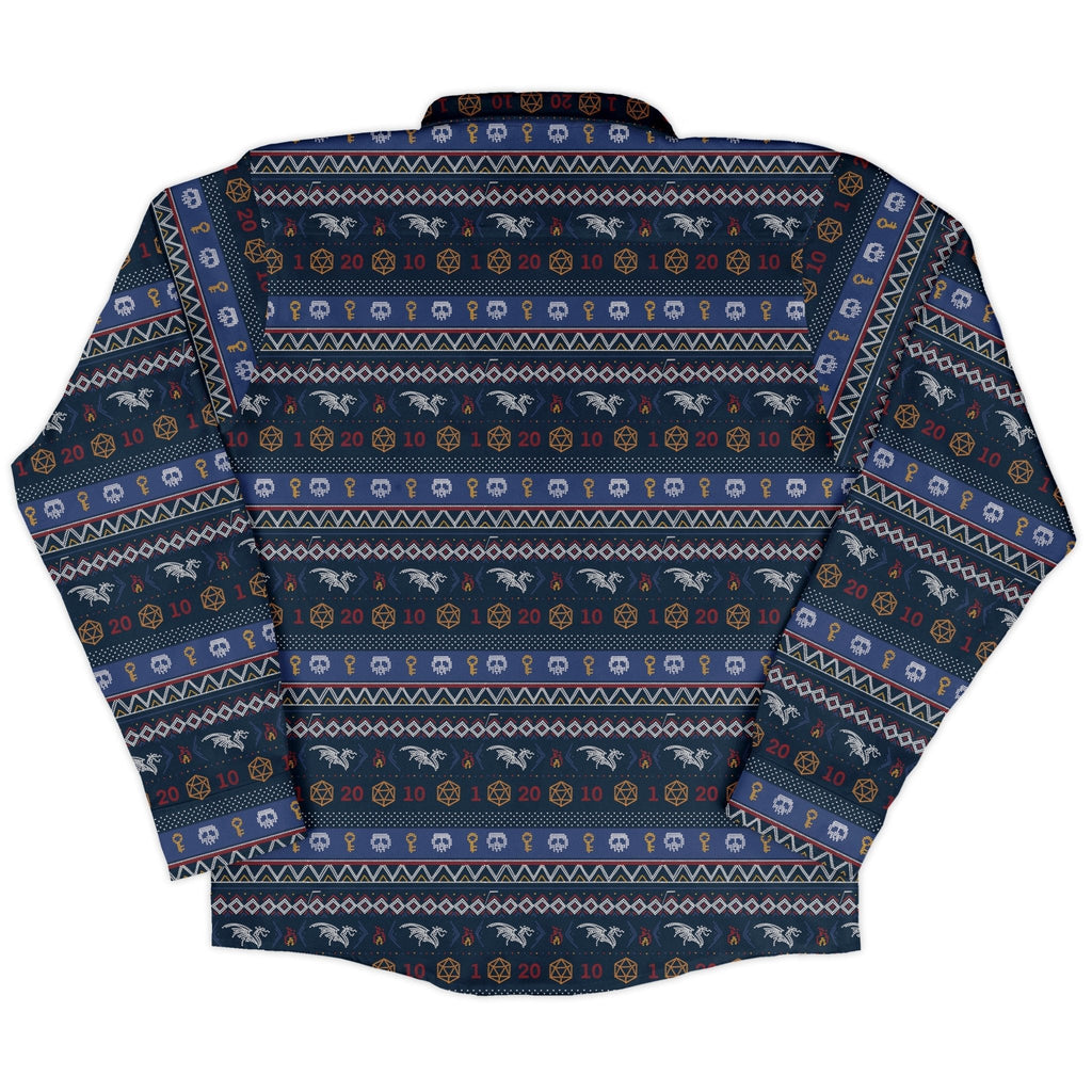 Ugly Christmas Sweater DND Adventure Long Sleeve Button Up Shirt Geek Nerd adult sizing Christmas Print Design by Claire Murphy