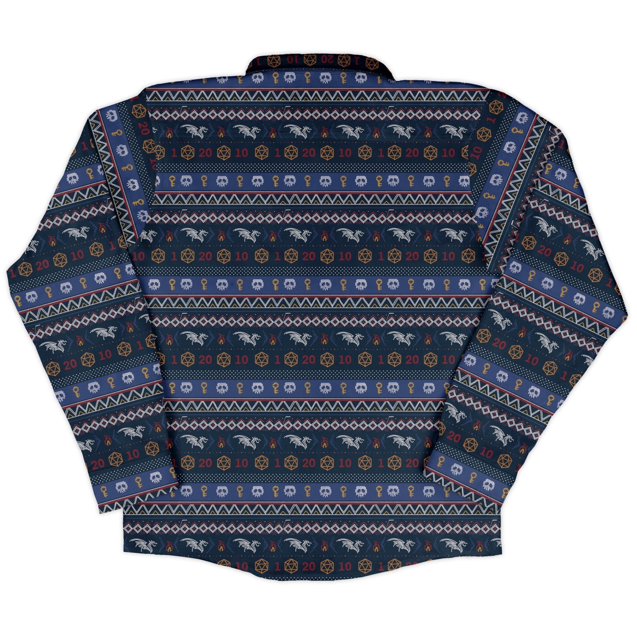 Ugly Christmas Sweater DND Adventure Long Sleeve Button Up Shirt Geek Nerd adult sizing Christmas Print Design by Claire Murphy