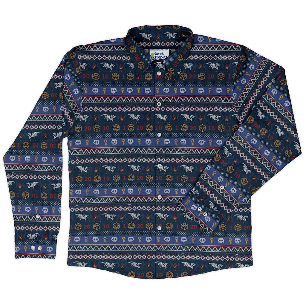Ugly Christmas Sweater DND Adventure Long Sleeve Button Up Shirt Geek Nerd adult sizing Christmas Print Design by Claire Murphy