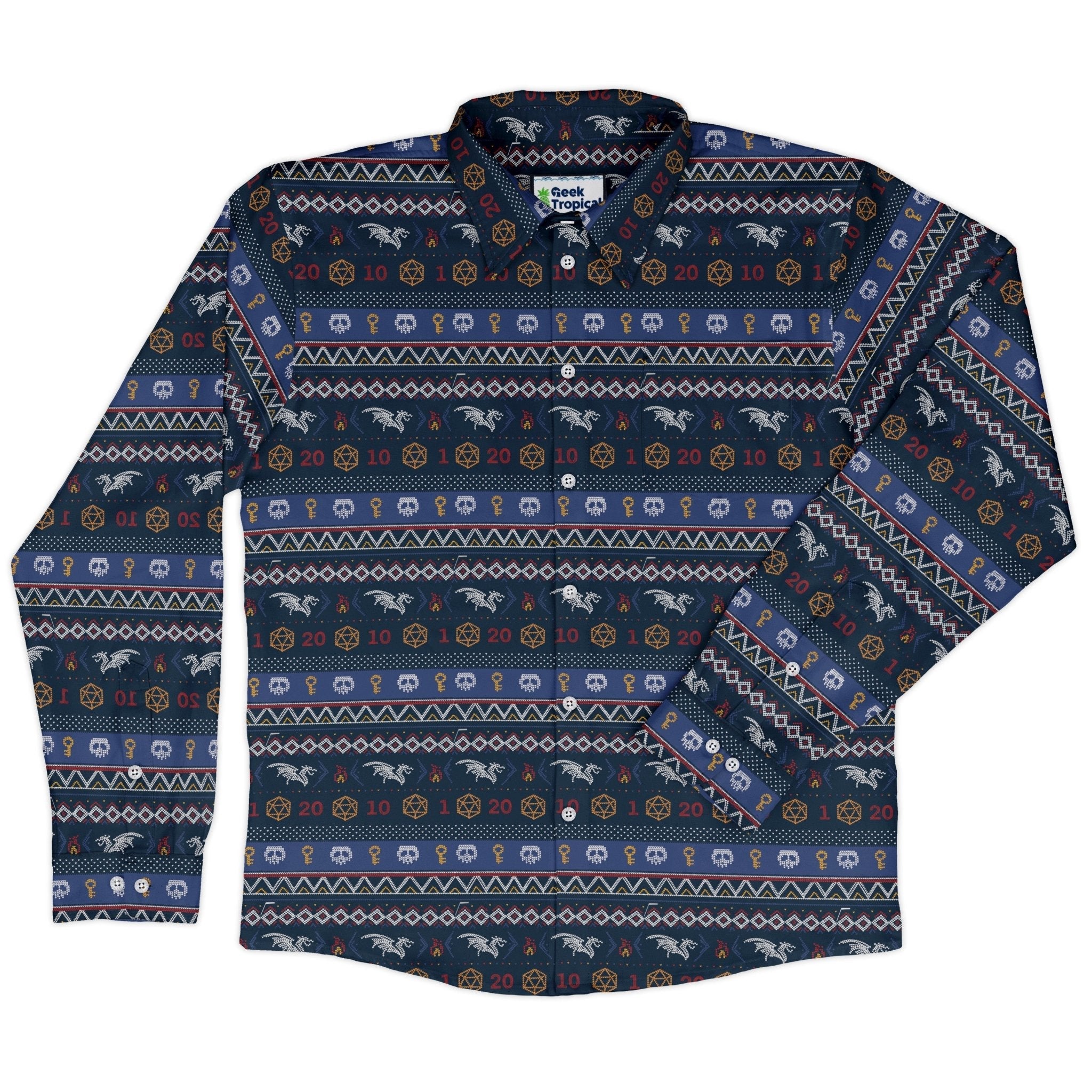 Ugly Christmas Sweater DND Adventure Long Sleeve Button Up Shirt Geek Nerd adult sizing Christmas Print Design by Claire Murphy