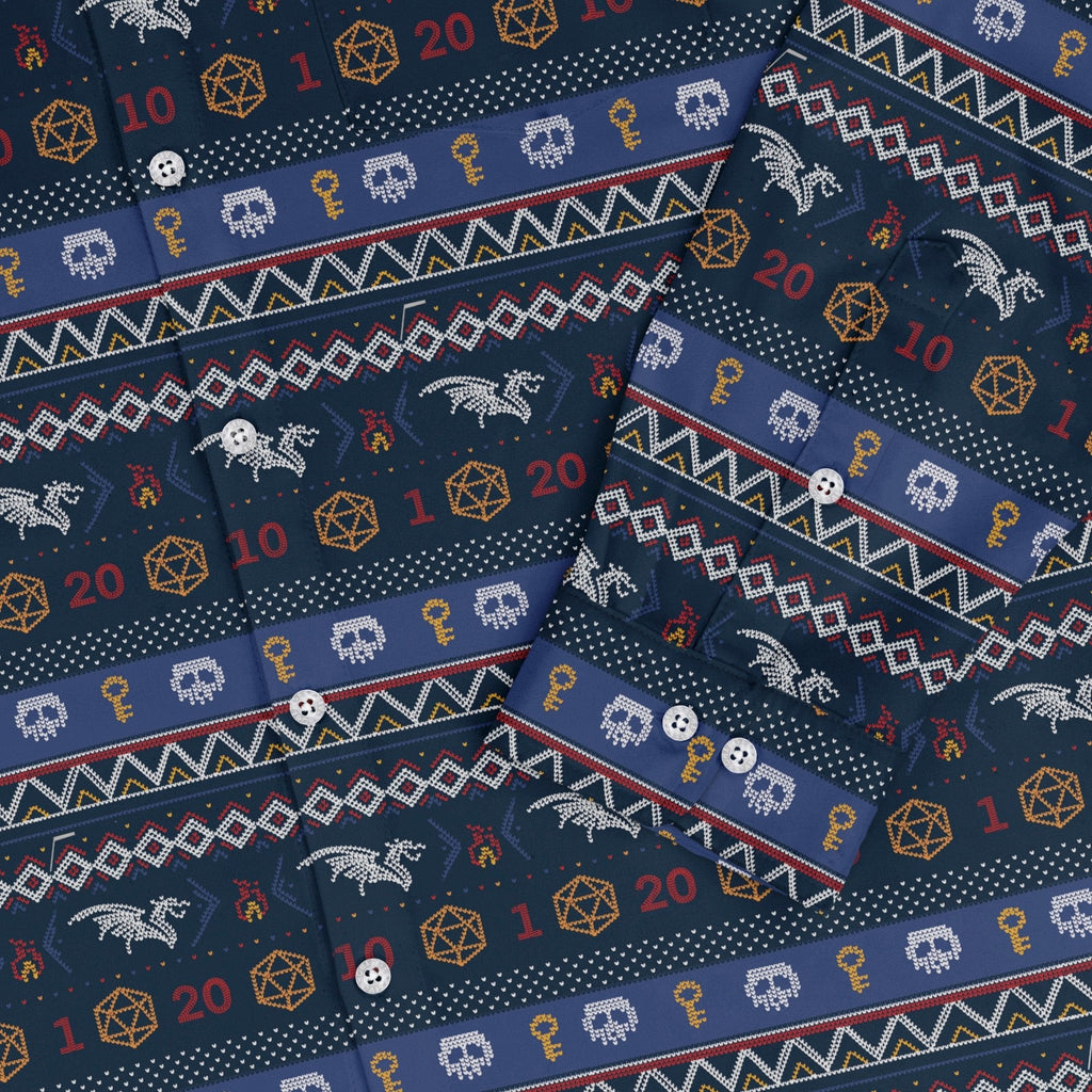Ugly Christmas Sweater DND Adventure Long Sleeve Button Up Shirt Geek Nerd adult sizing Christmas Print Design by Claire Murphy