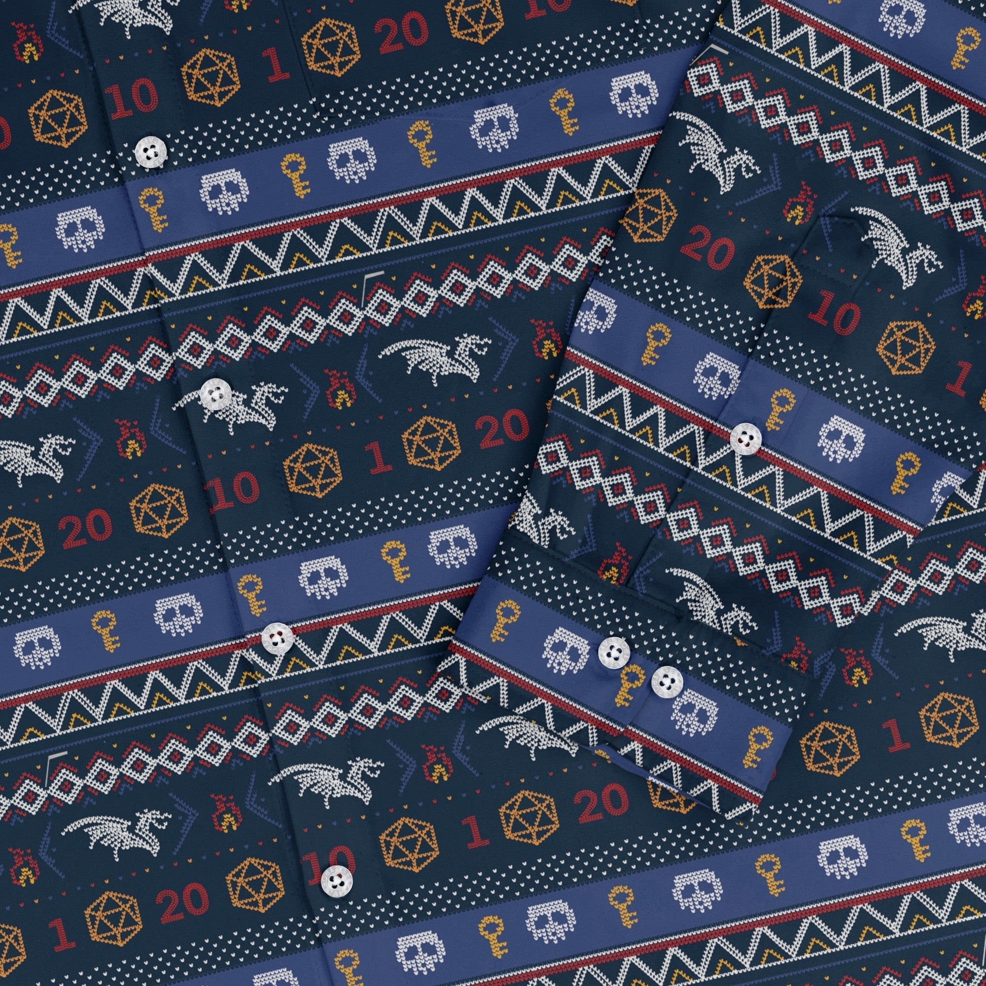 Ugly Christmas Sweater DND Adventure Long Sleeve Button Up Shirt Geek Nerd adult sizing Christmas Print Design by Claire Murphy