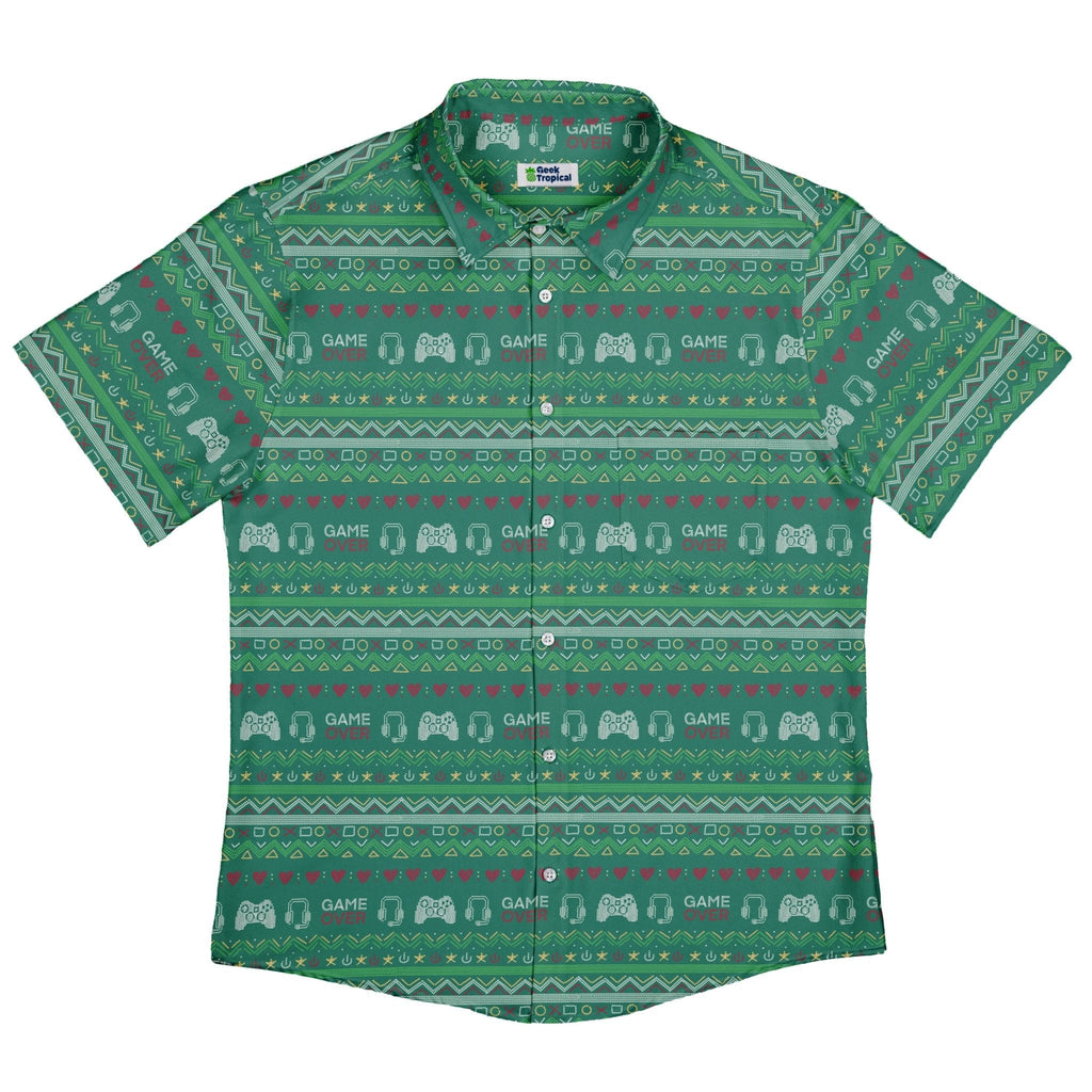 Ugly Christmas Sweater Video Gamer Button Up Shirt Geek Nerd adult sizing Christmas Print Design by Claire Murphy