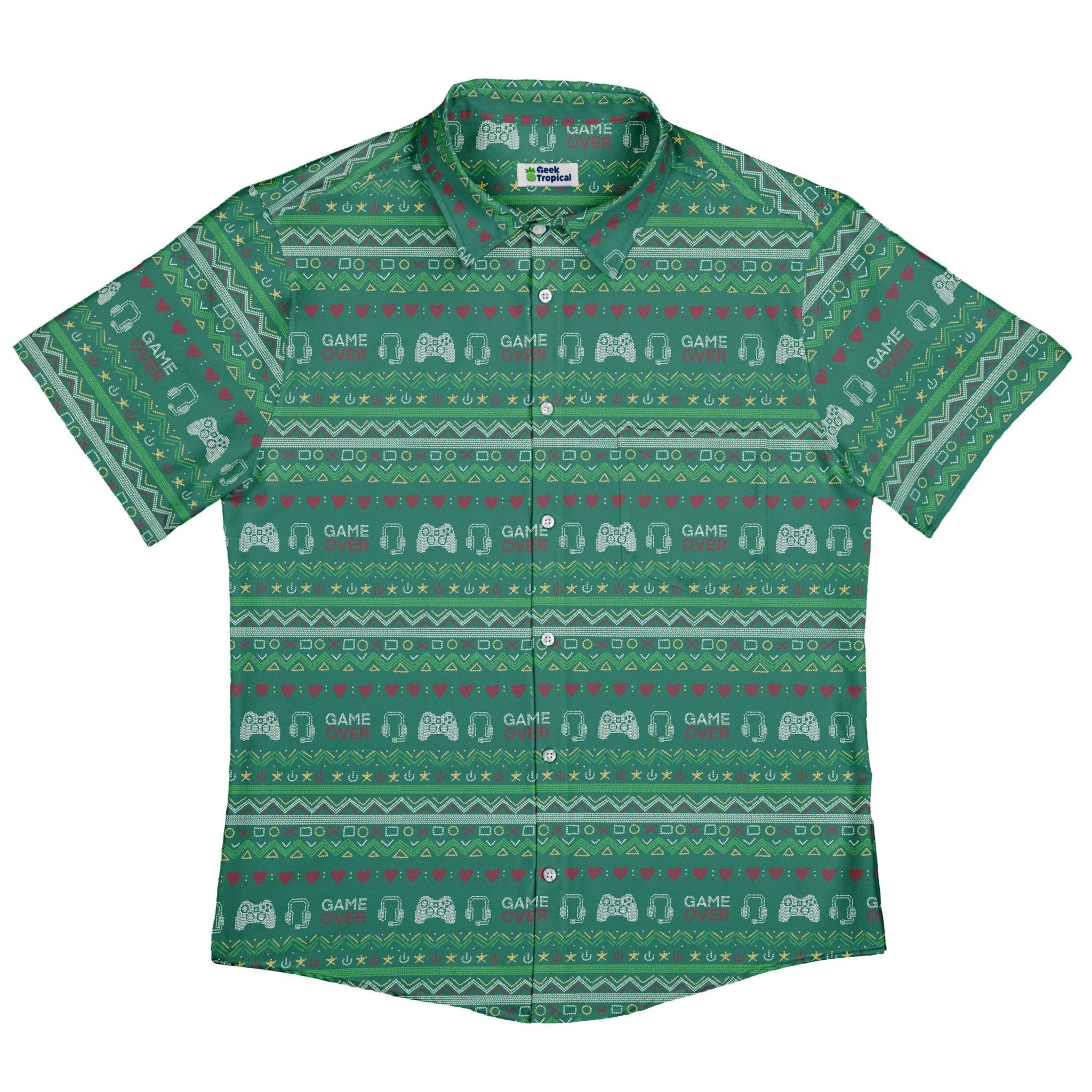 Ugly Christmas Sweater Video Gamer Button Up Shirt Geek Nerd adult sizing Christmas Print Design by Claire Murphy