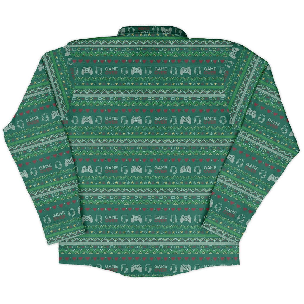 Ugly Christmas Sweater Video Gamer Long Sleeve Button Up Shirt Geek Nerd adult sizing Christmas Print Design by Claire Murphy