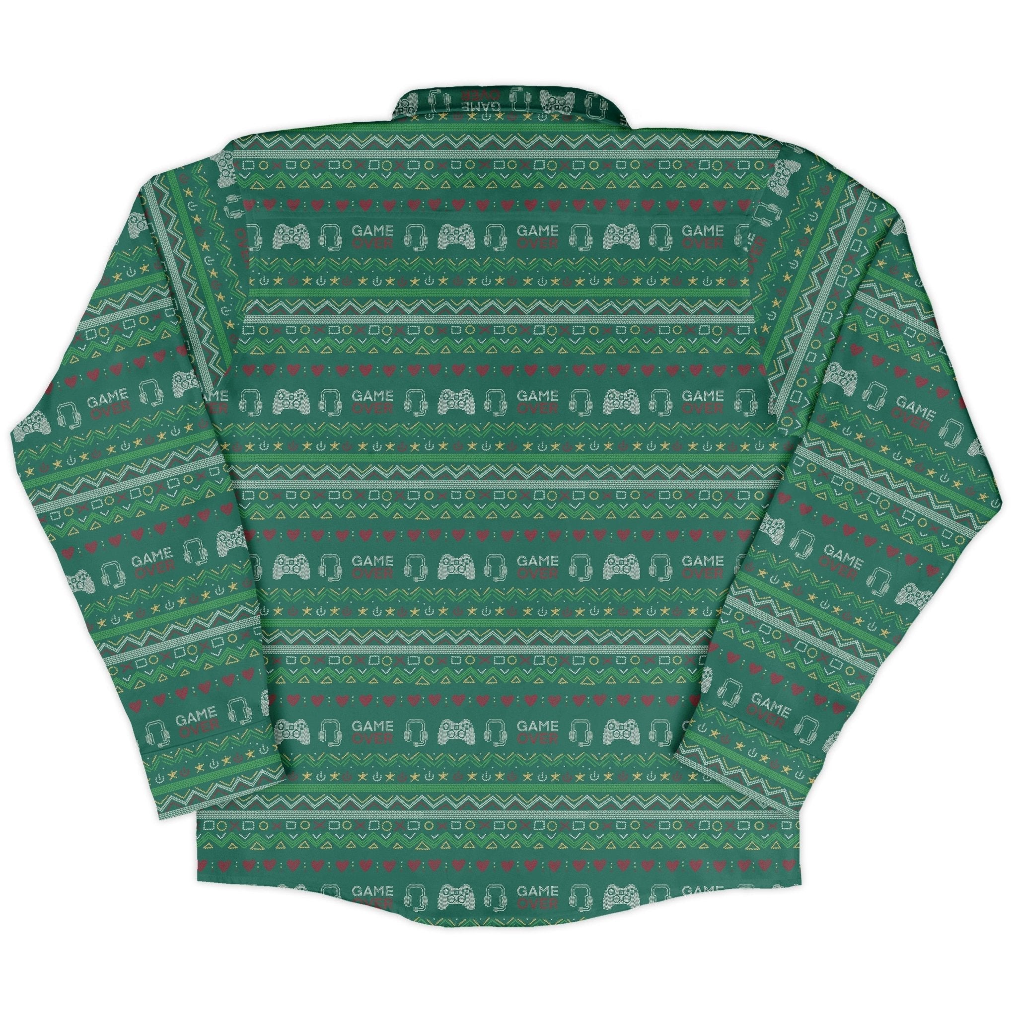 Ugly Christmas Sweater Video Gamer Long Sleeve Button Up Shirt Geek Nerd adult sizing Christmas Print Design by Claire Murphy