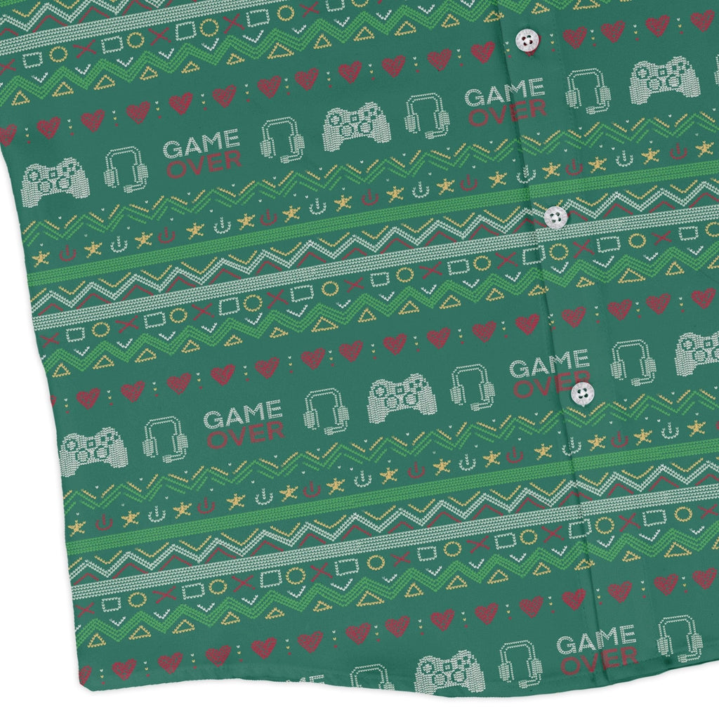 Ugly Christmas Sweater Video Gamer Long Sleeve Button Up Shirt Geek Nerd adult sizing Christmas Print Design by Claire Murphy