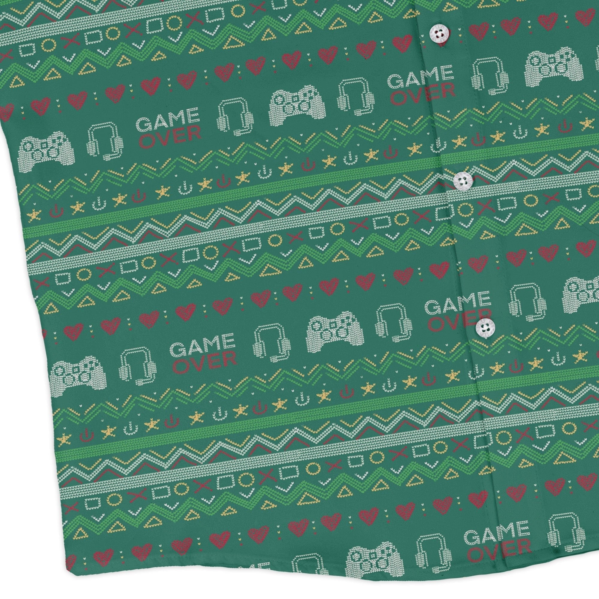 Ugly Christmas Sweater Video Gamer Long Sleeve Button Up Shirt Geek Nerd adult sizing Christmas Print Design by Claire Murphy