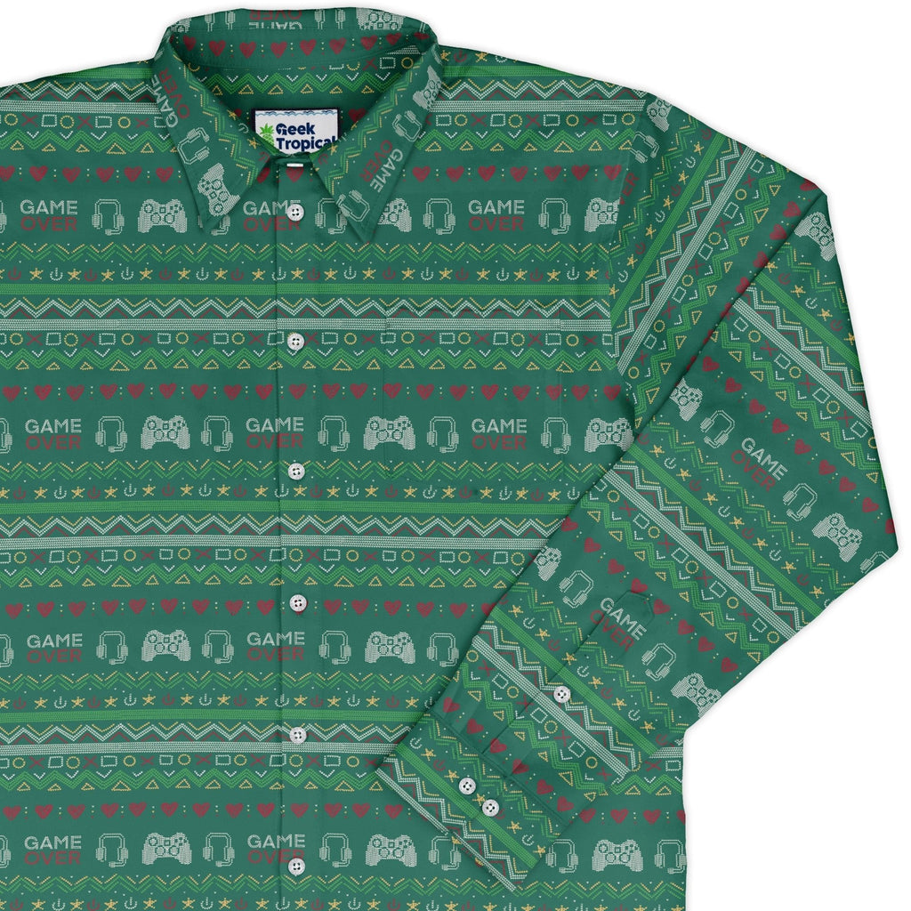 Ugly Christmas Sweater Video Gamer Long Sleeve Button Up Shirt Geek Nerd adult sizing Christmas Print Design by Claire Murphy