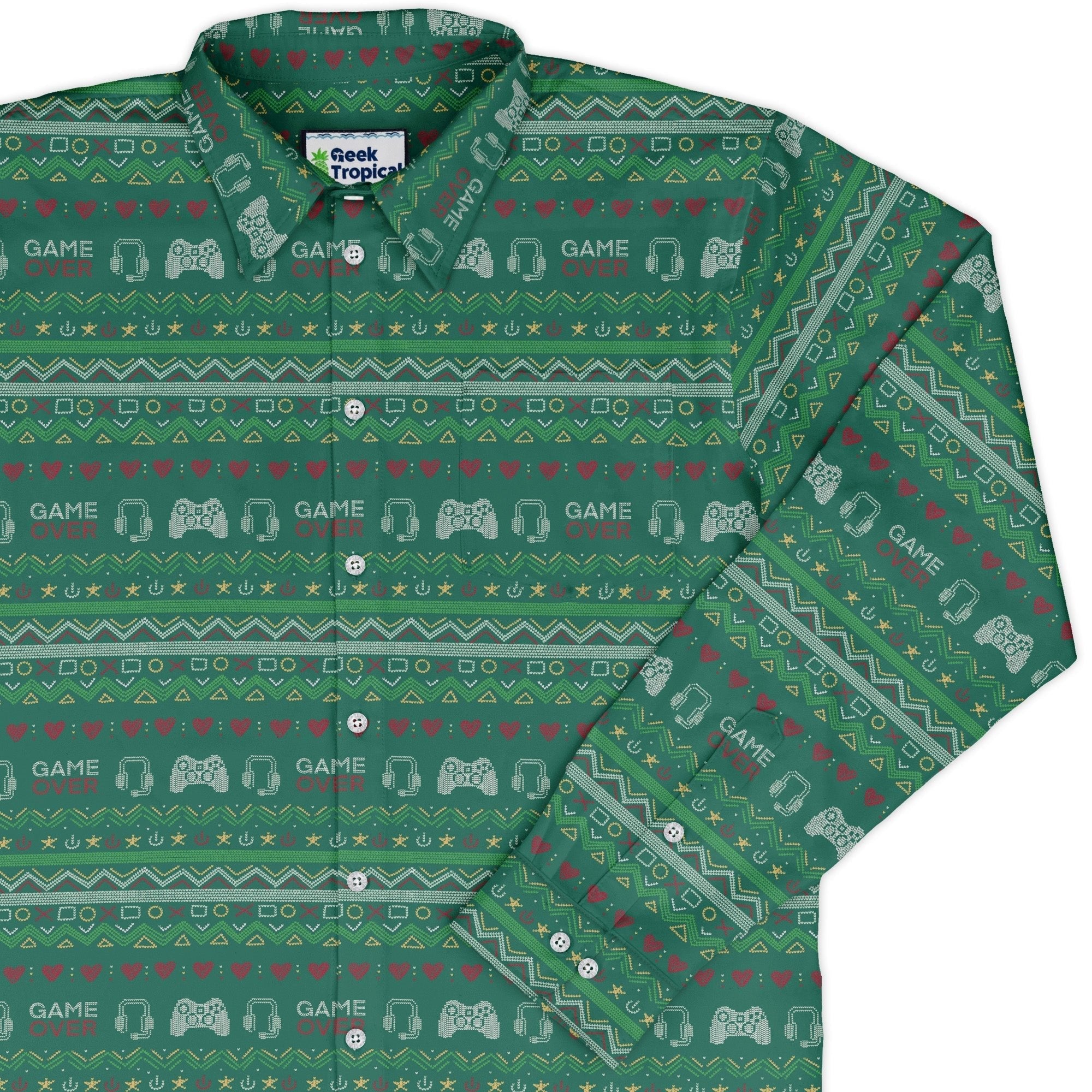 Ugly Christmas Sweater Video Gamer Long Sleeve Button Up Shirt Geek Nerd adult sizing Christmas Print Design by Claire Murphy