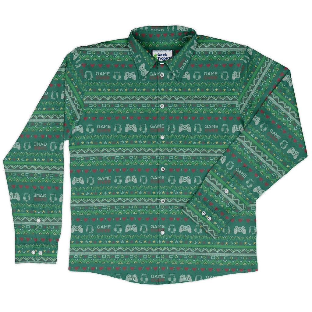 Ugly Christmas Sweater Video Gamer Long Sleeve Button Up Shirt Geek Nerd adult sizing Christmas Print Design by Claire Murphy