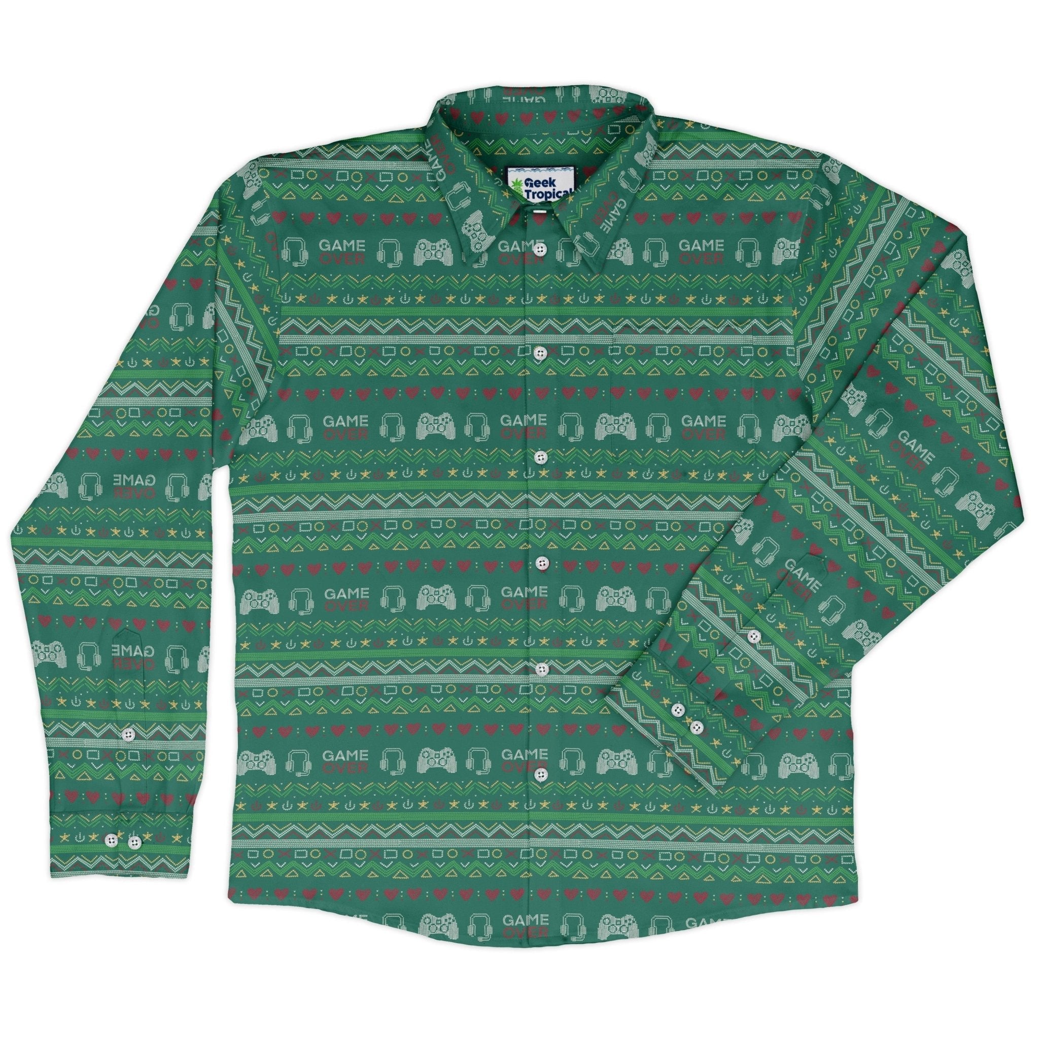 Ugly Christmas Sweater Video Gamer Long Sleeve Button Up Shirt Geek Nerd adult sizing Christmas Print Design by Claire Murphy