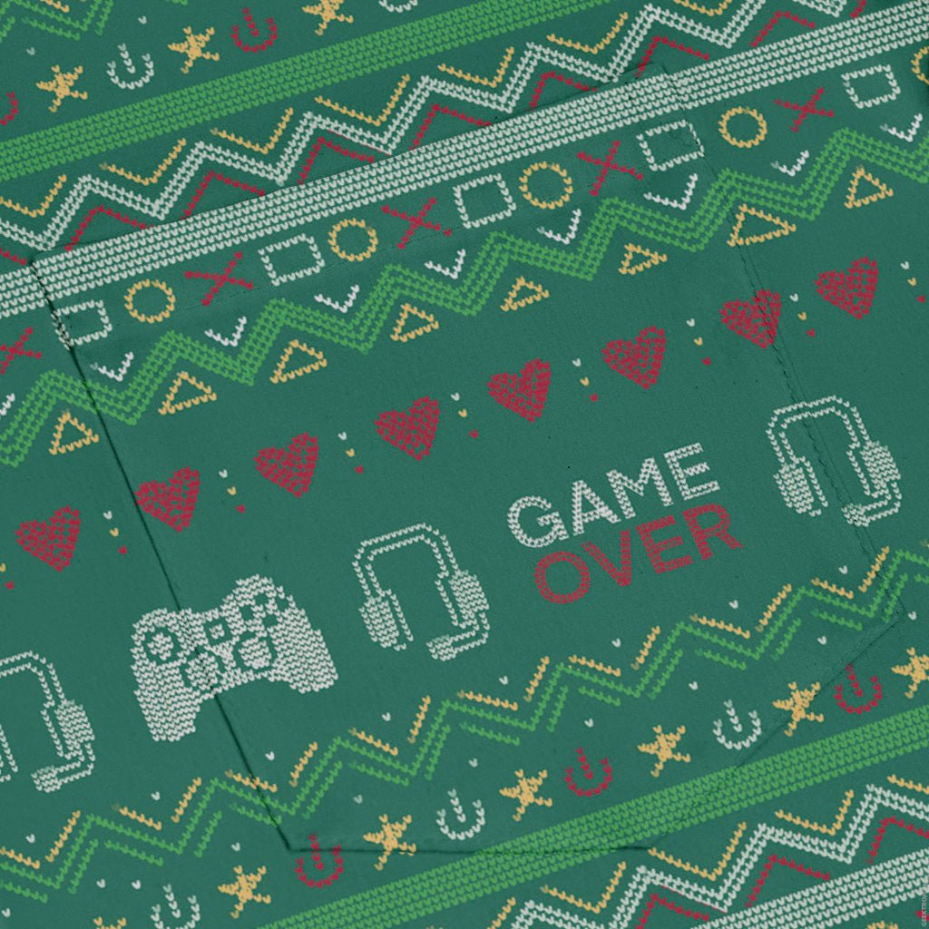 Ugly Christmas Sweater Video Gamer Long Sleeve Button Up Shirt Geek Nerd adult sizing Christmas Print Design by Claire Murphy