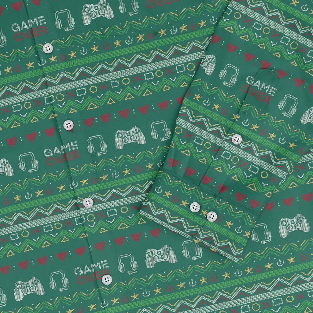 Ugly Christmas Sweater Video Gamer Long Sleeve Button Up Shirt Geek Nerd adult sizing Christmas Print Design by Claire Murphy