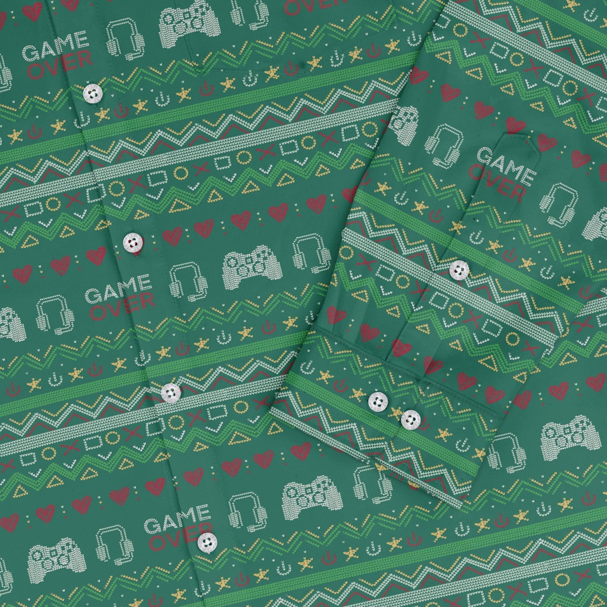 Ugly Christmas Sweater Video Gamer Long Sleeve Button Up Shirt Geek Nerd adult sizing Christmas Print Design by Claire Murphy