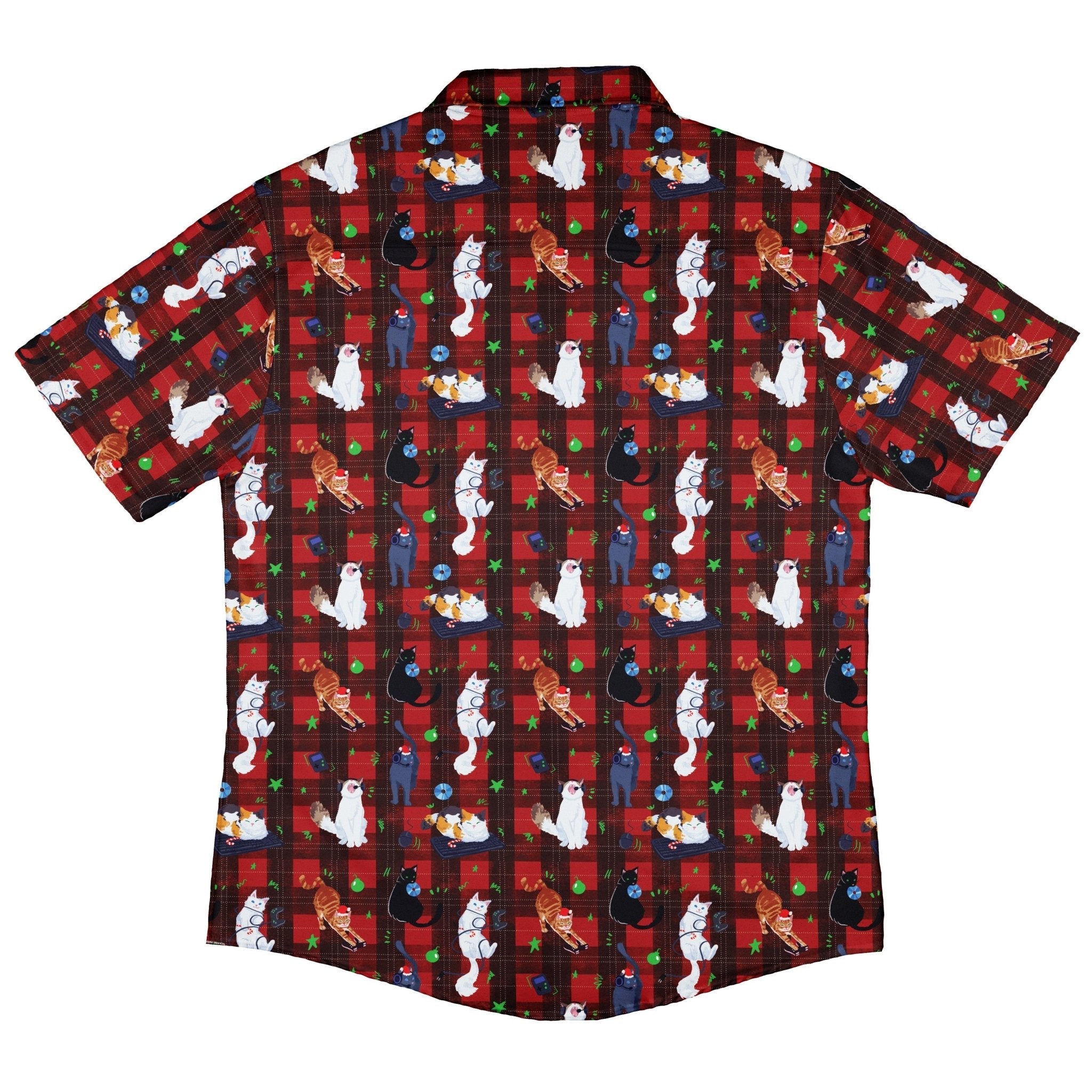 Video Game Cats Christmas Button Up Shirt Geek Nerd adult sizing Christmas Print Design by Claire Murphy
