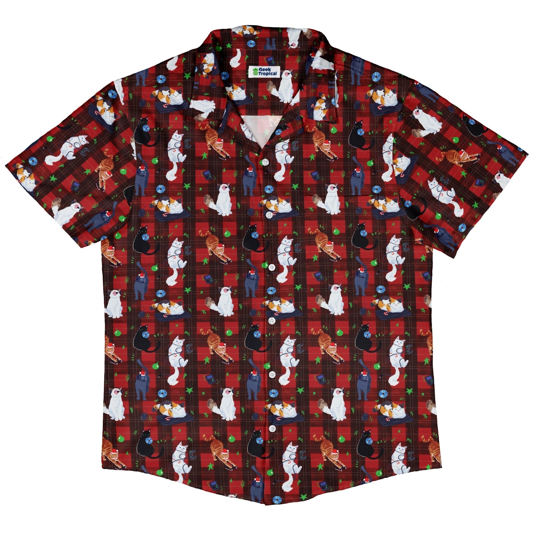 Video Game Cats Christmas Button Up Shirt Geek Nerd adult sizing Christmas Print Design by Claire Murphy
