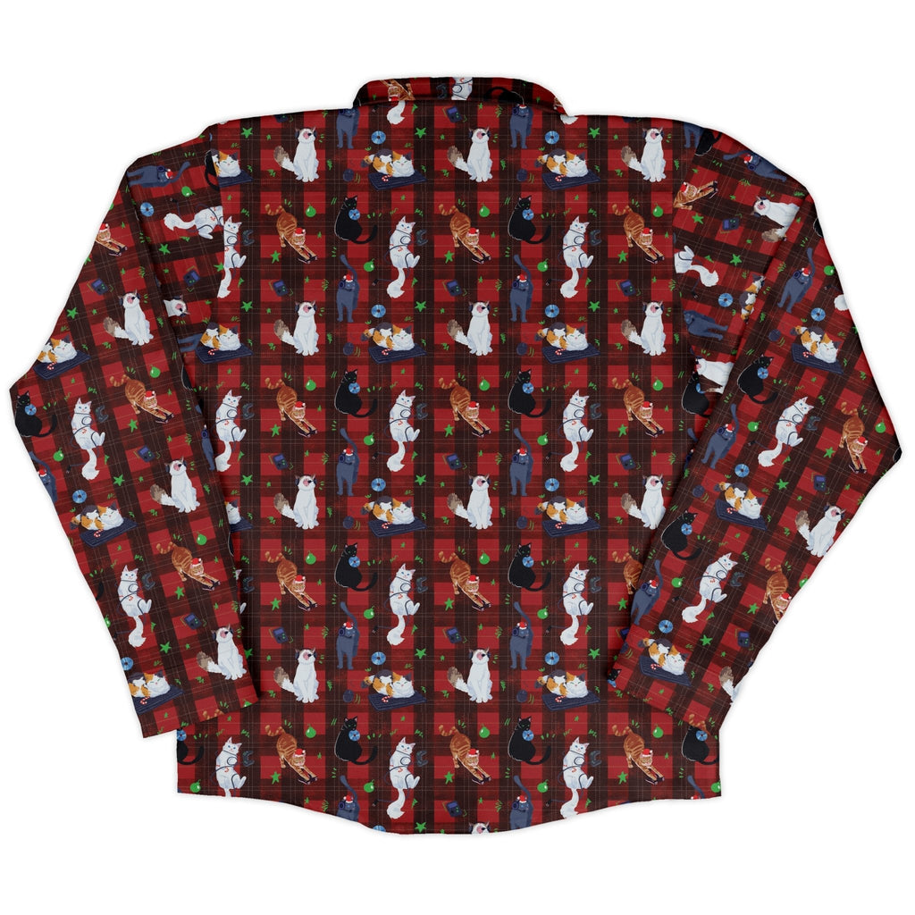 Video Game Cats Christmas Long Sleeve Button Up Shirt Geek Nerd adult sizing Christmas Print Design by Claire Murphy