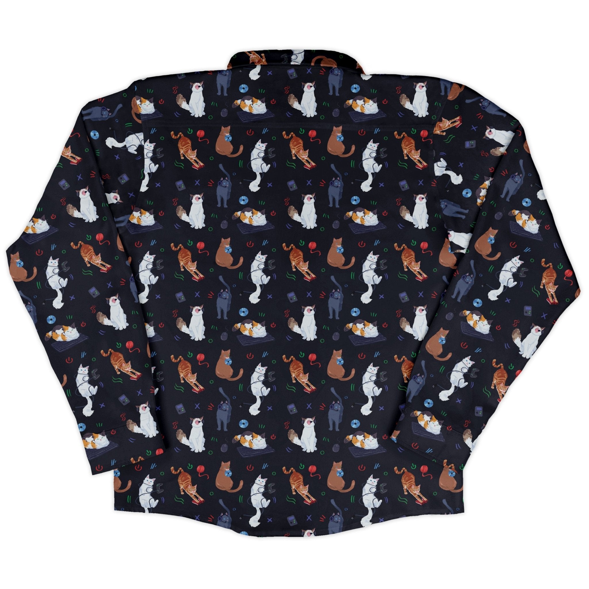Video Game Cats Dark Long Sleeve Button Up Shirt Geek Nerd adult sizing Animal Patterns Design by Claire Murphy