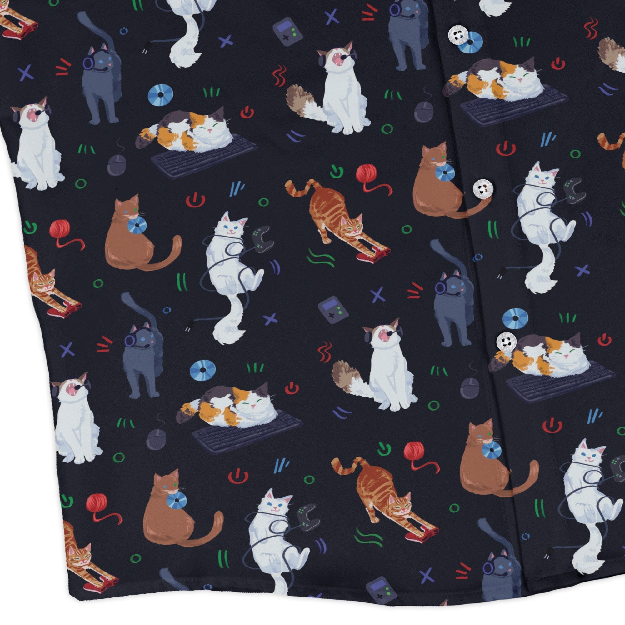 Video Game Cats Dark Long Sleeve Button Up Shirt Geek Nerd adult sizing Animal Patterns Design by Claire Murphy