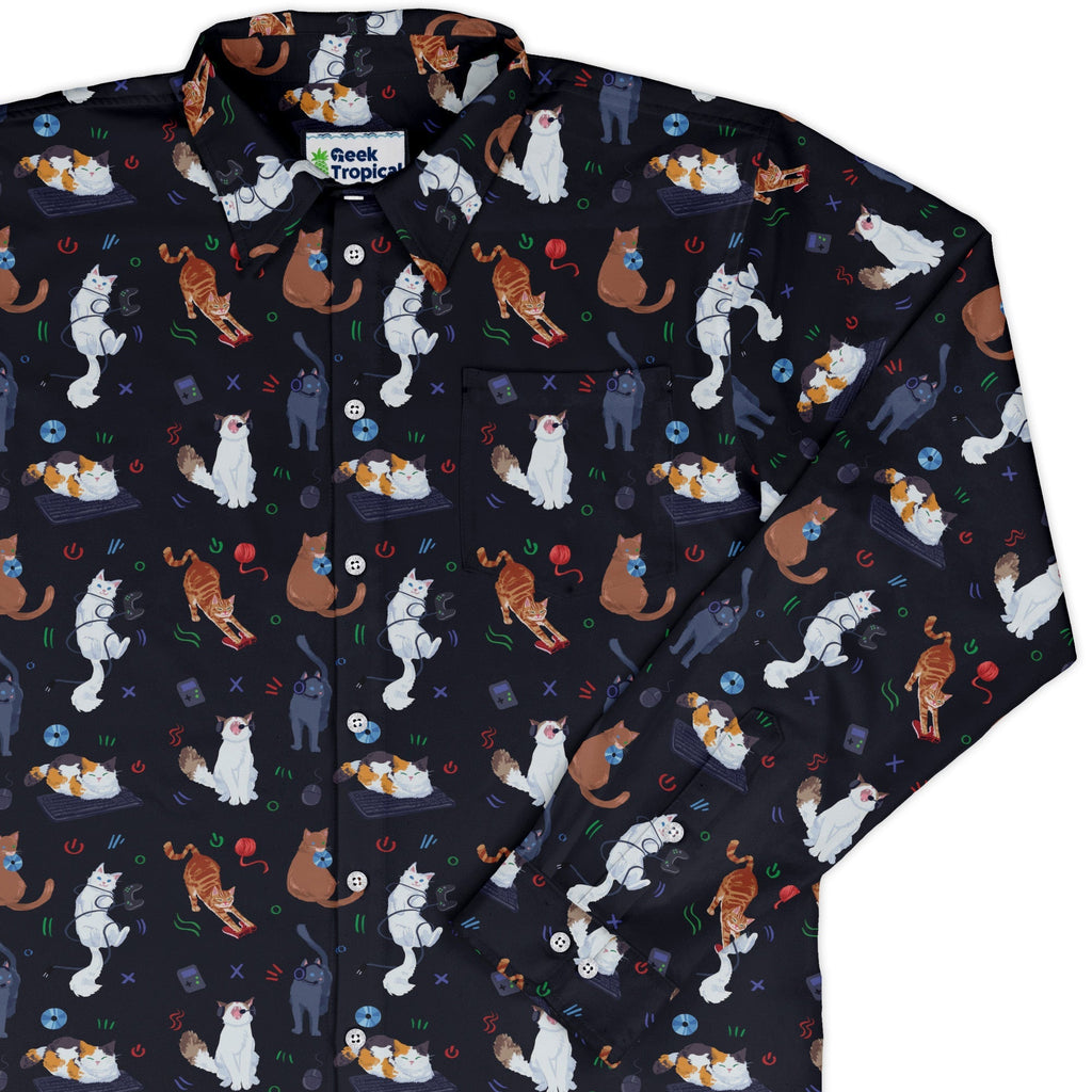 Video Game Cats Dark Long Sleeve Button Up Shirt Geek Nerd adult sizing Animal Patterns Design by Claire Murphy