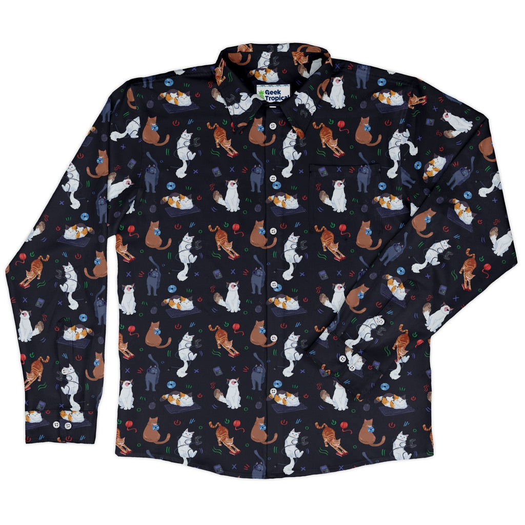 Video Game Cats Dark Long Sleeve Button Up Shirt Geek Nerd adult sizing Animal Patterns Design by Claire Murphy